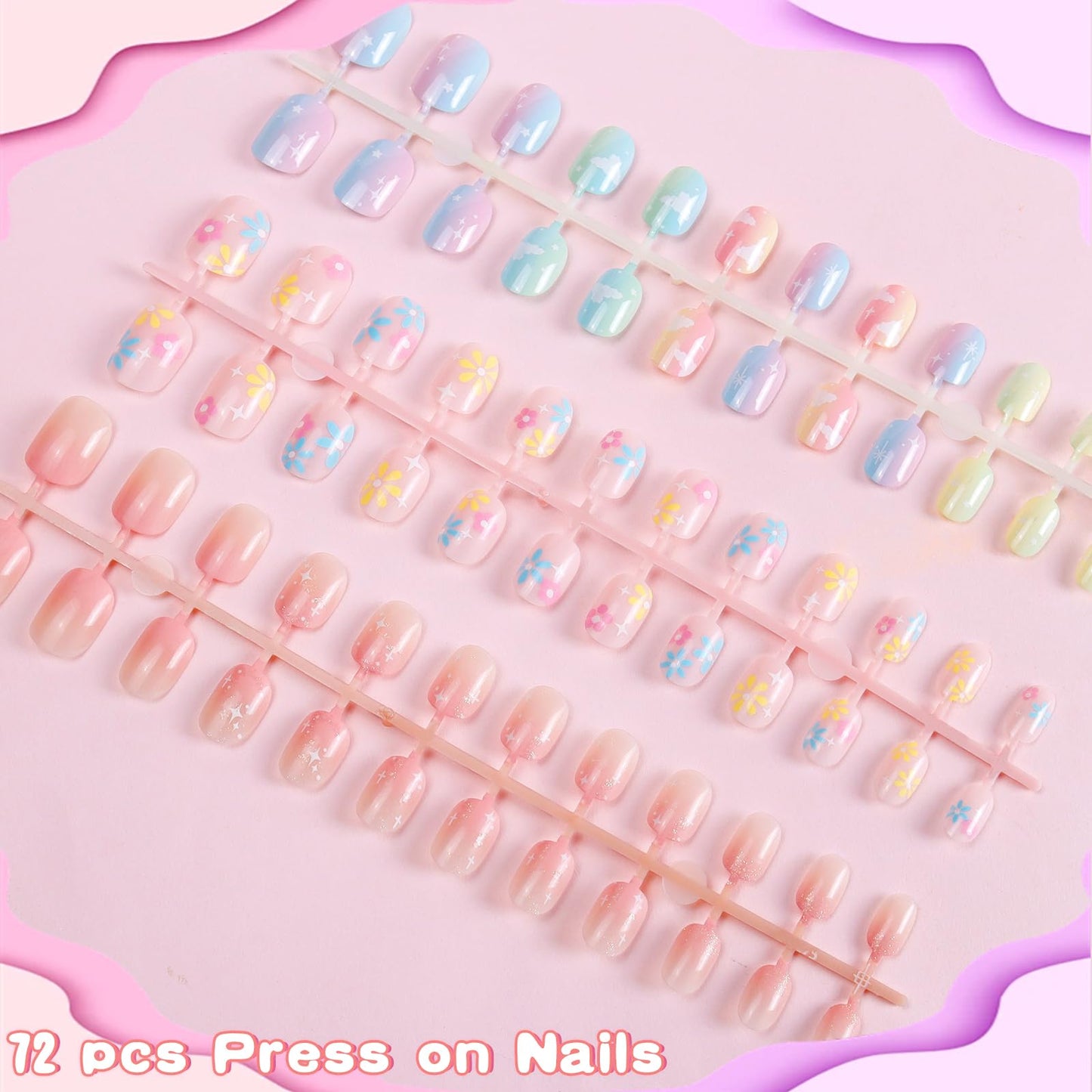 SIUSIO 3Pack Children Acrylic Fake Nails, 72pcs Press on Full Cover Gradient Color Rainbow Short False Nail Art Kits Set with Sticker Tabs Nail Glue Gel for Kids Little Girls Women - Rainbow Nebula