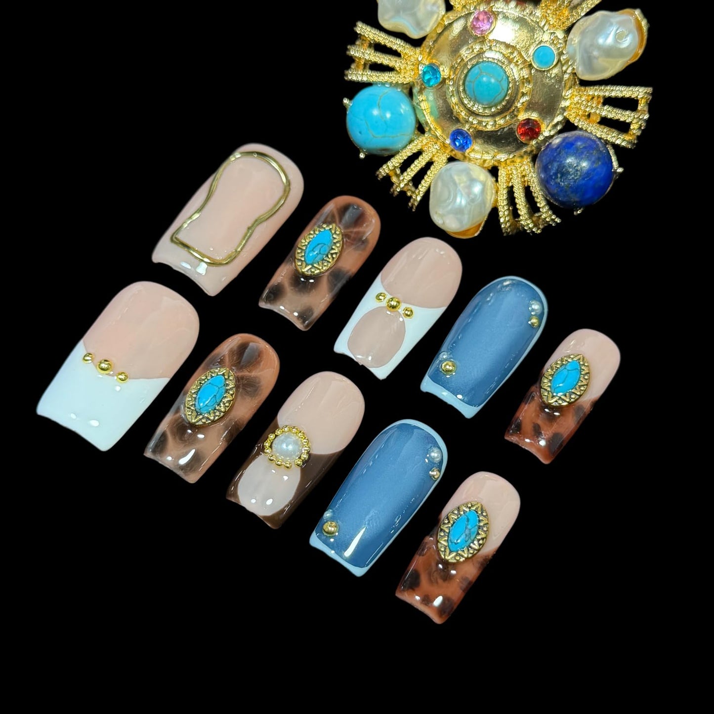 Handmade Press on Nails - Turquoise & White French Tip Short/Medium Square Shape, Amber Print Acrylic Reusable False Nails with Pearl Accents (Turquoise, M)