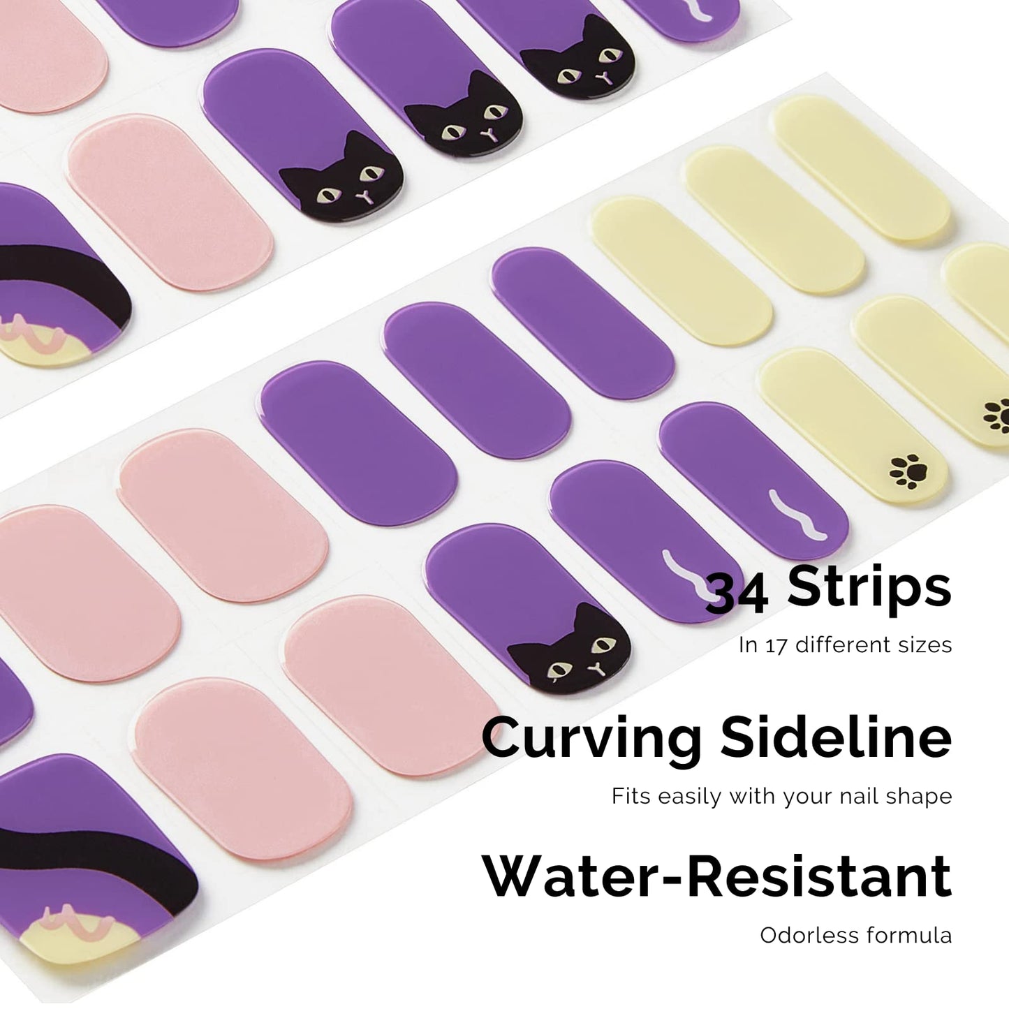 Nailog Semi Cured Gel Nail Strips 34 pcs | Long Lasting Nail Polish Sticker Wraps with Glossy Gel Finish (Black Cat)
