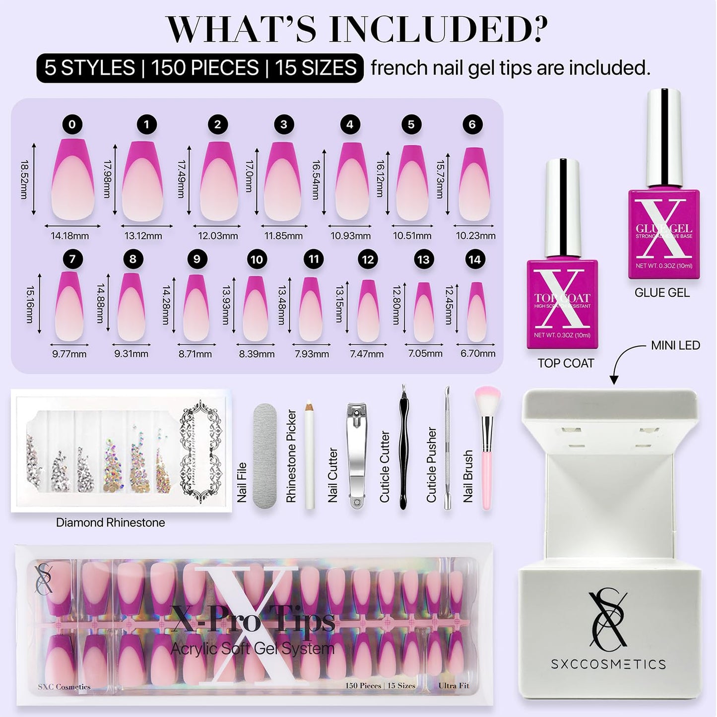SXC Cosmetics French Tip Press On Nails – Purple Series, Extra Short Square, X-Pro Tips Starter Kit | 150PCS, 15 Sizes, 5 Styles, Beginner-Friendly