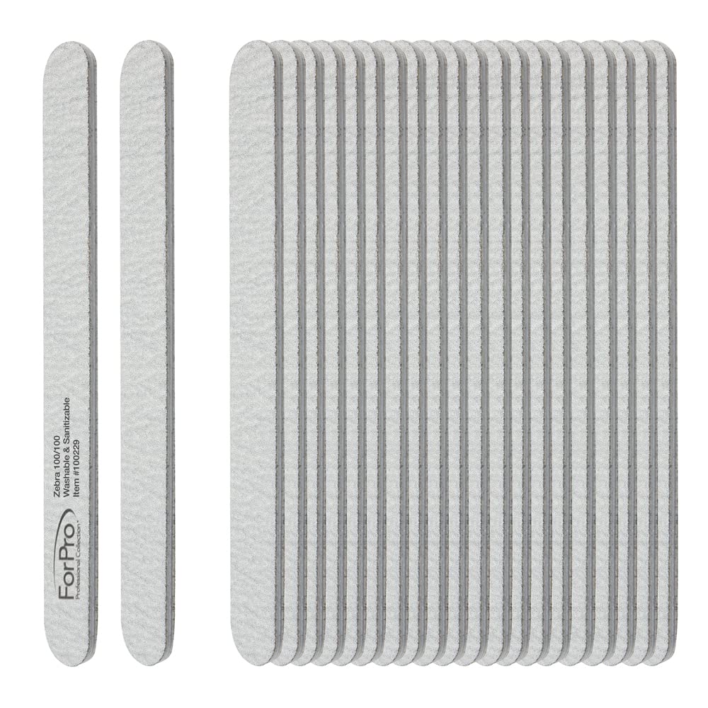 ForPro Professional Collection Zebra Foam Board, 100/100 Grit, Double-Sided Manicure Nail File, 7” L x .75” W 50-Count