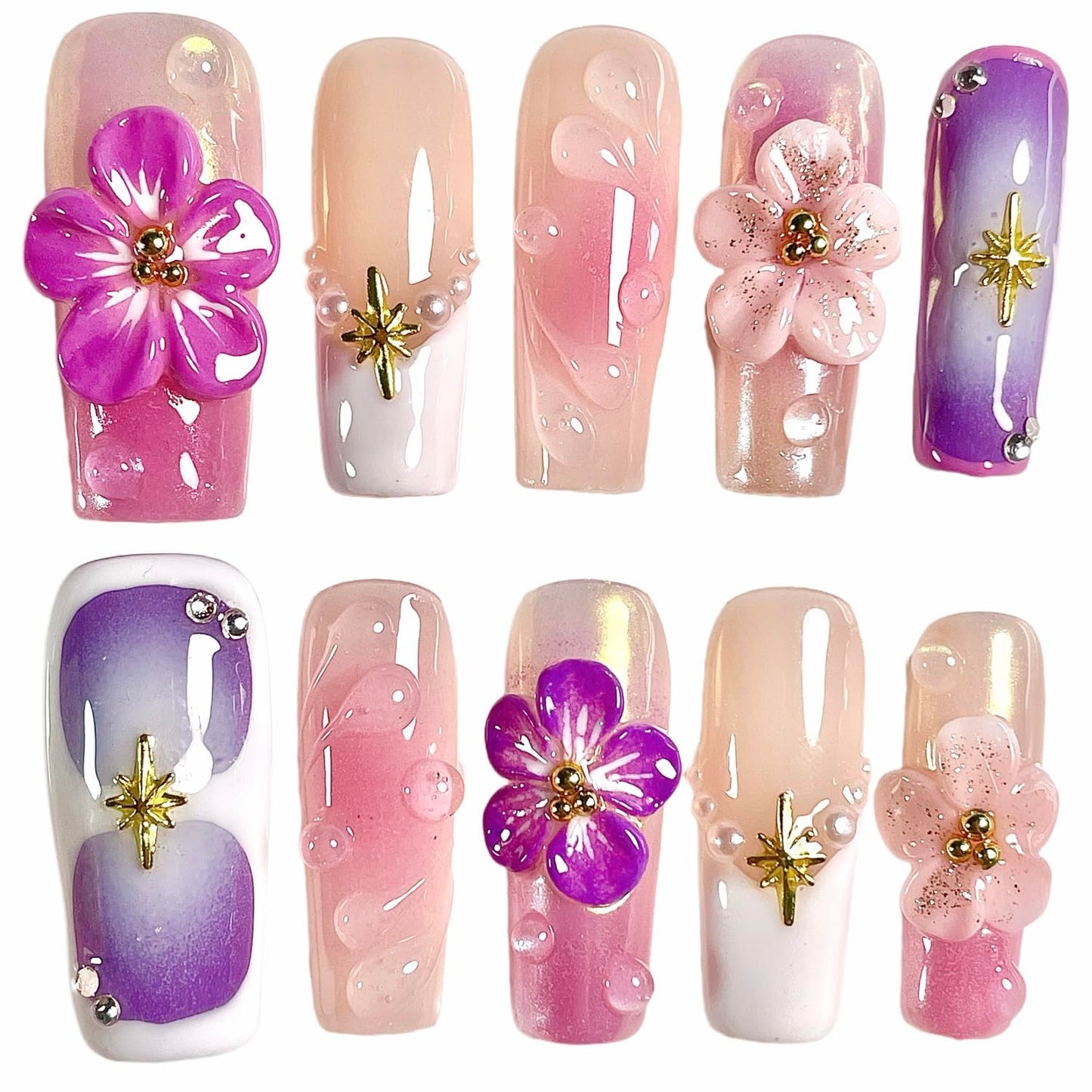 Handmade Press On Nails Medium/Long Square Pink 3D Sakura Design - Reusable French Acrylic Fake Nails with Gold Stars & Pearls, Luxury Cherry Blossom False Nails (Sakura, M)