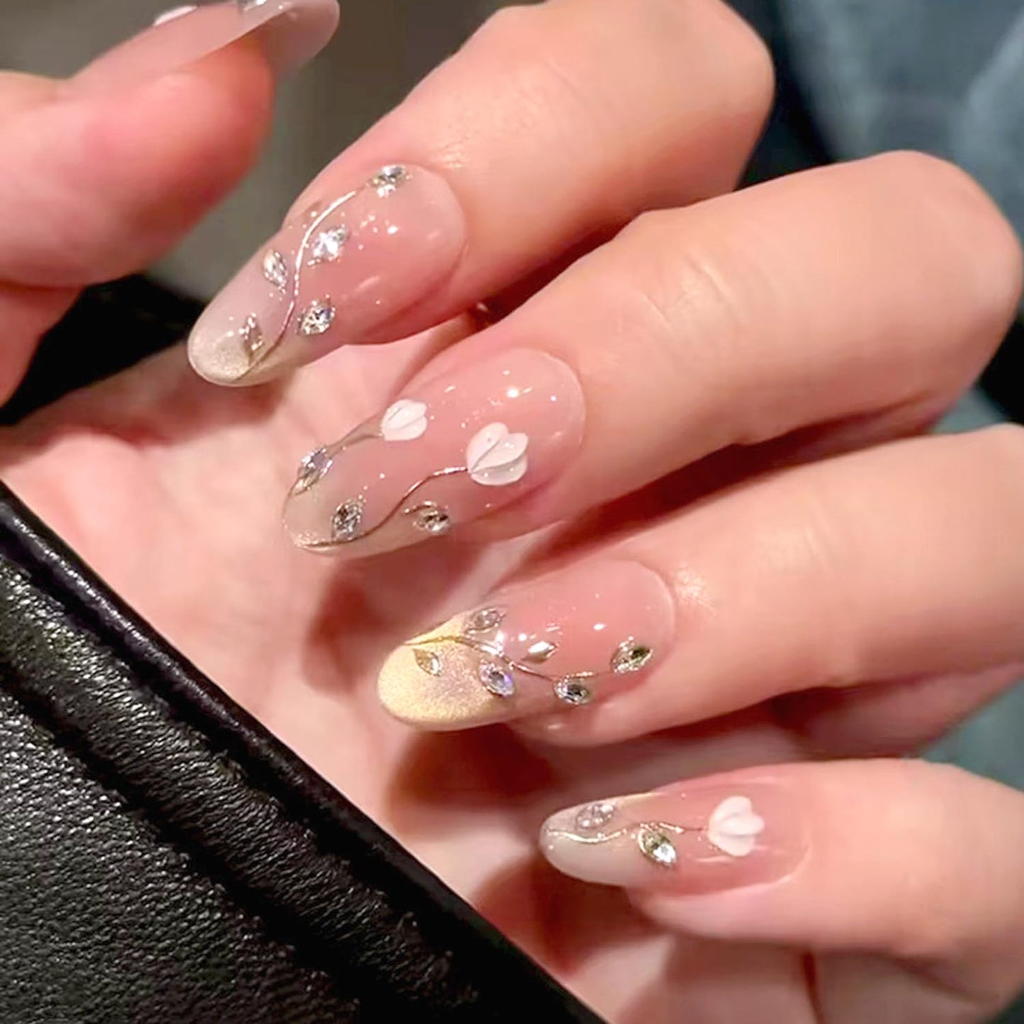 30Pcs Flower Press on Nails Medium Almond Fake Nails with 3D Rhinestone Design Gold Glitter French Tip False Nails Pink Glossy Full Cover Cute Floral Reusable Spring Summer Gel Acrylic Nails for Women
