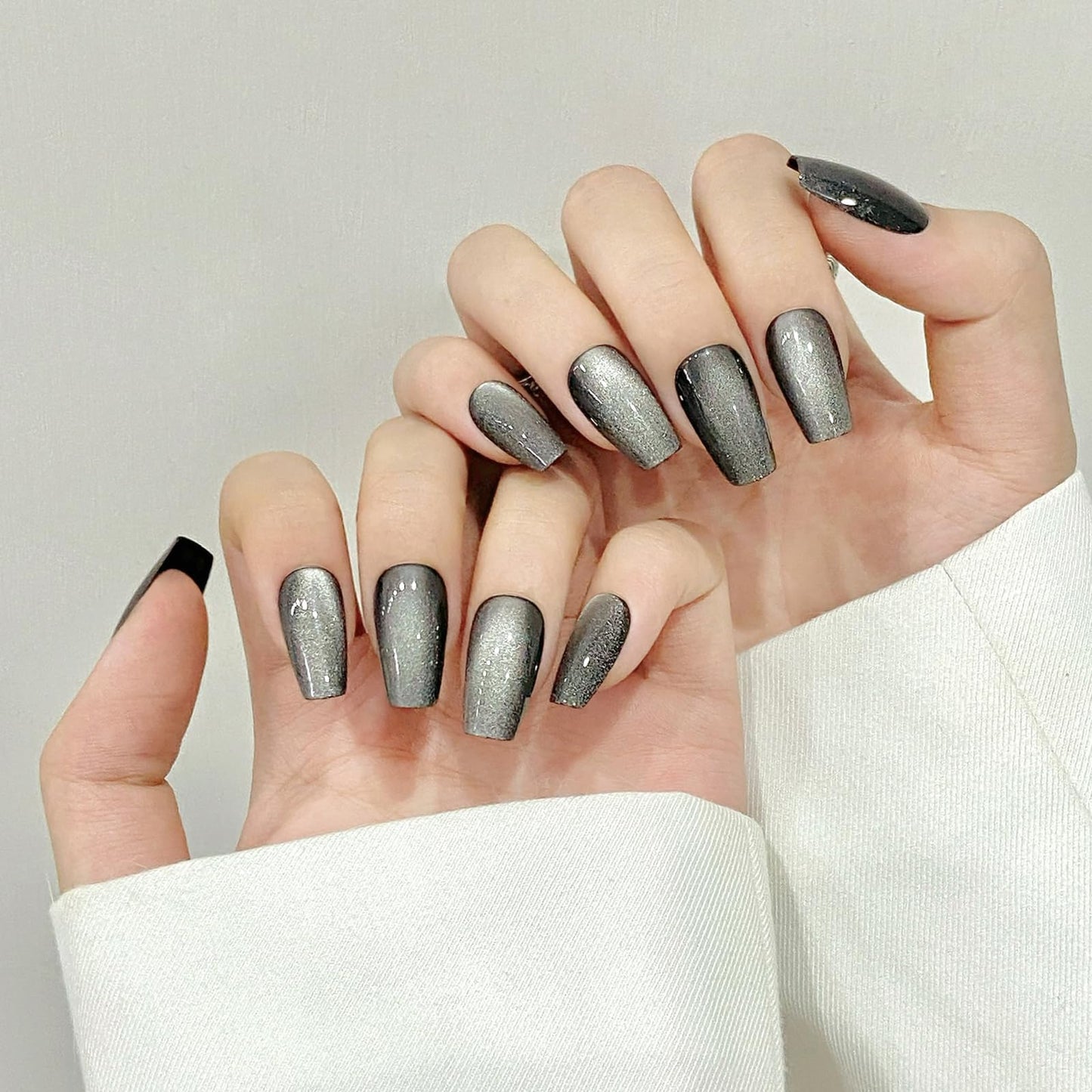 Black Cat Eyes Press On Nails,12 Sizes-24 Pcs Soft Gel Black Medium Coffin Fake Nails Kit, Natural Reusable Stick On False Nails for Women and Girls SK0861