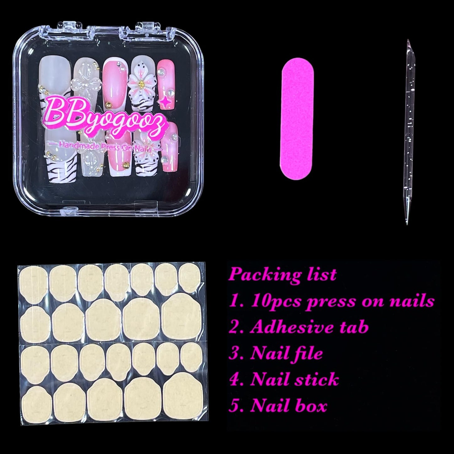 Handmade Press On Nails Short-Medium Square Bold Pink Zebra Stripes & 3D Floral | Glitter Flowers With Gold Accent | Reusable Acrylic Fake Nails for Parties & Daily (Pink Zebra, M)