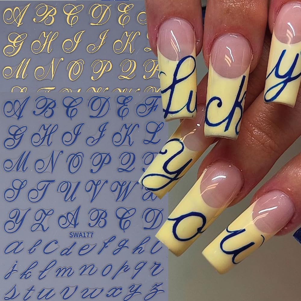 English Letter Nail Stickers Decals 14 Sheets 3D Self-Adhesive Nail Art Stickers Alphabet Uppercase and Lowercase English Words Y2K Style Gothic Design Manicure Nail Accessories for Women