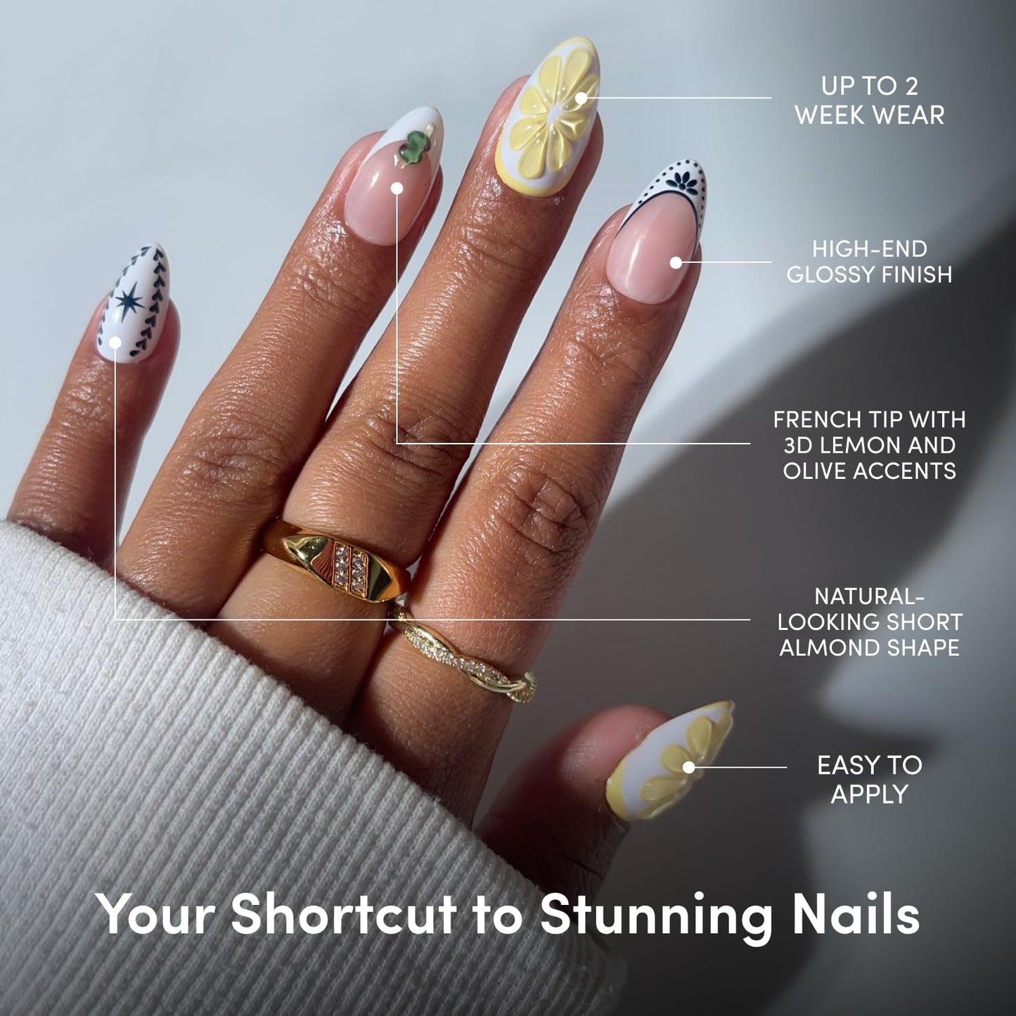 Glamnetic Press On Nails - Short Almond Fake Nails in Bright Orange with Olives, Lemons & Ceramic Designs, Salon Quality, Summer Nails | Aperitivo Hour | 15 Sizes - 30 Nail Kit with Glue