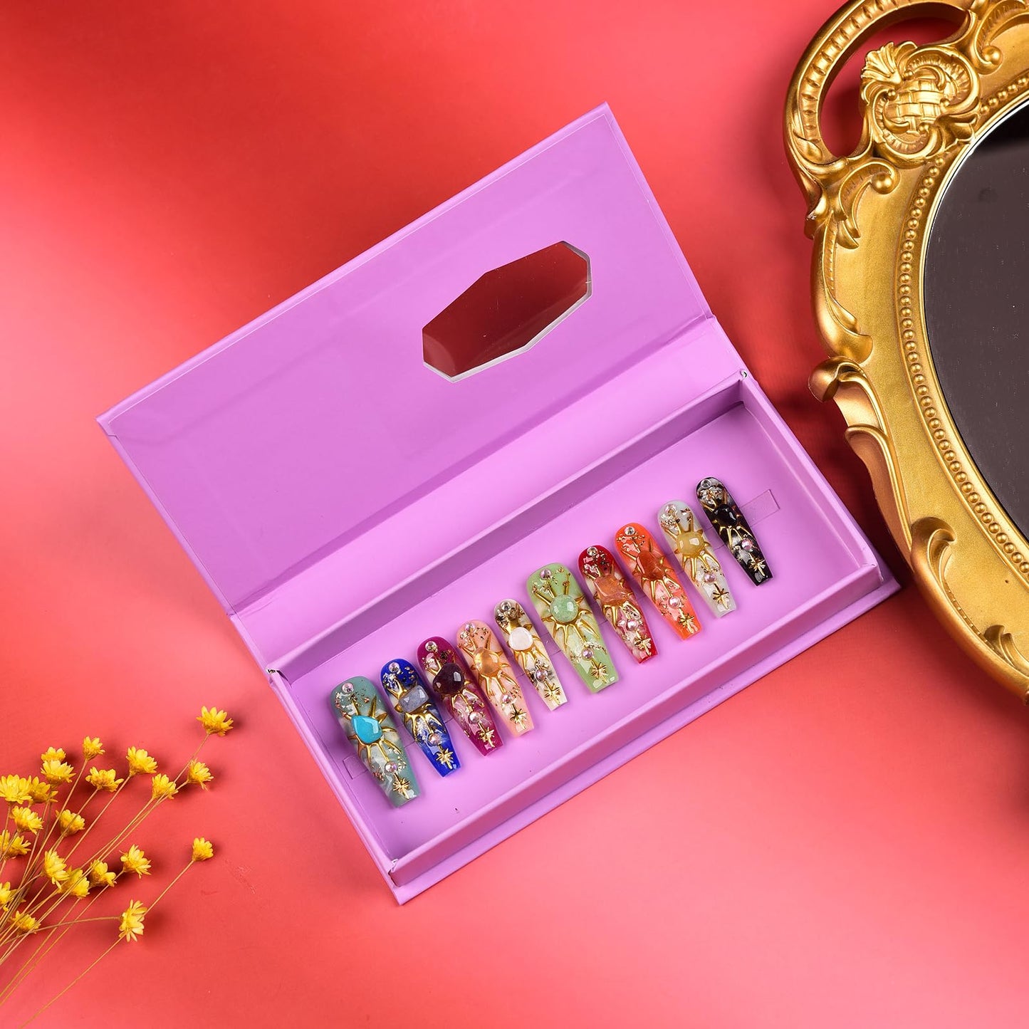 Tmani 10pc/set Long Handmade Press On Nail Hot Girl's Long Nails Ten Kinds of Natural Crystal Stone Decoration Fake Nails Suitable For Girls Festival Parties and Birthday Gift(260,S)