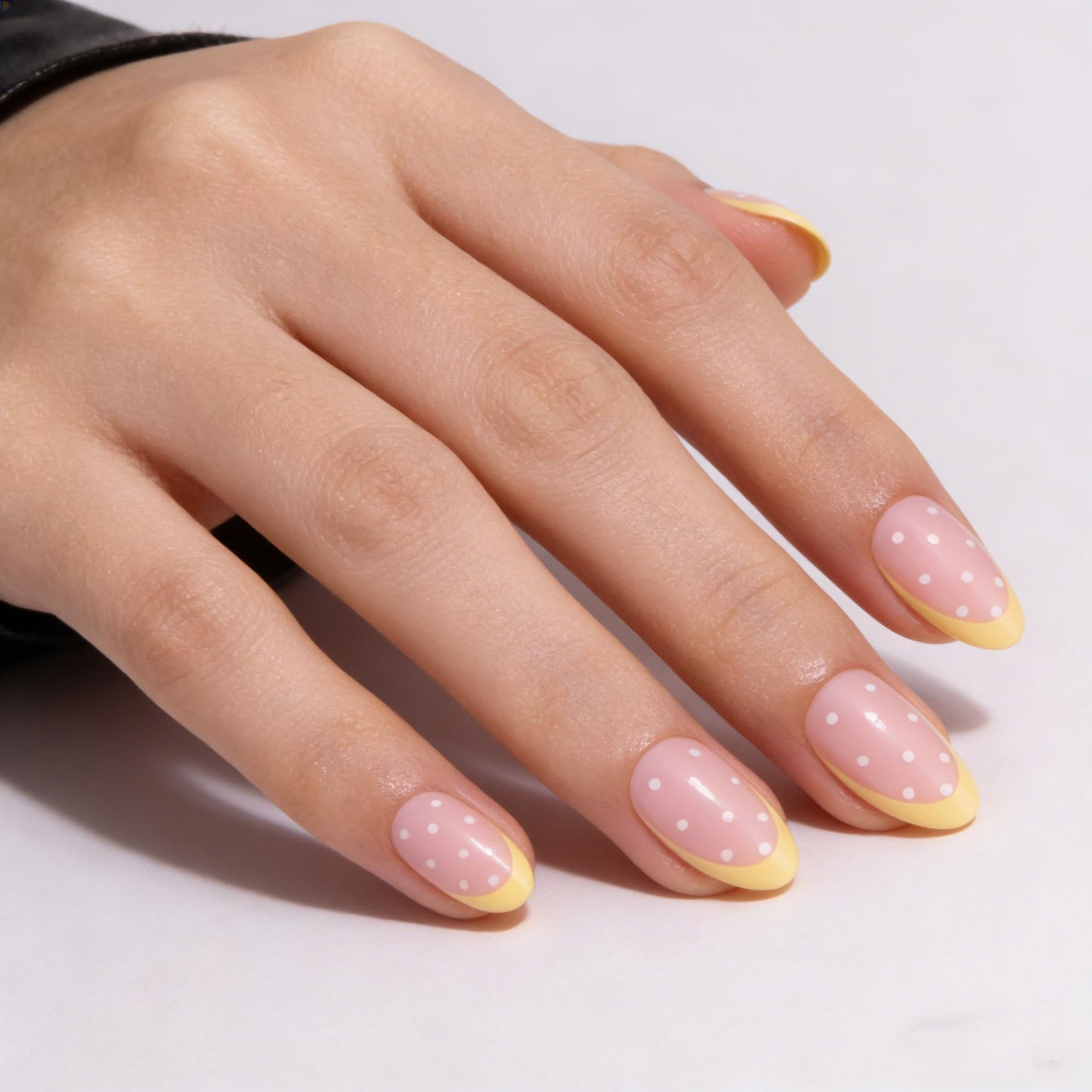 PILOLO Press On Nails Polka Dot Fake Nail Tips Adhesive Reusable Full Cover Acrylic False Nails Long Almond Stick On Manicure Set for Women Girls Gift (Sunny Dots)