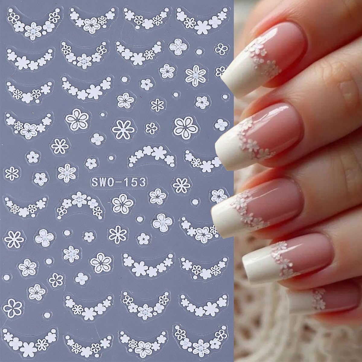 4 Sheets Pink White Flower Nail Art Stickers 3D Embossed Flowers Butterflies Hearts Nail Decals Cute French Floral Nail Stickers for Women Spring Summer DIY Nail Decorations