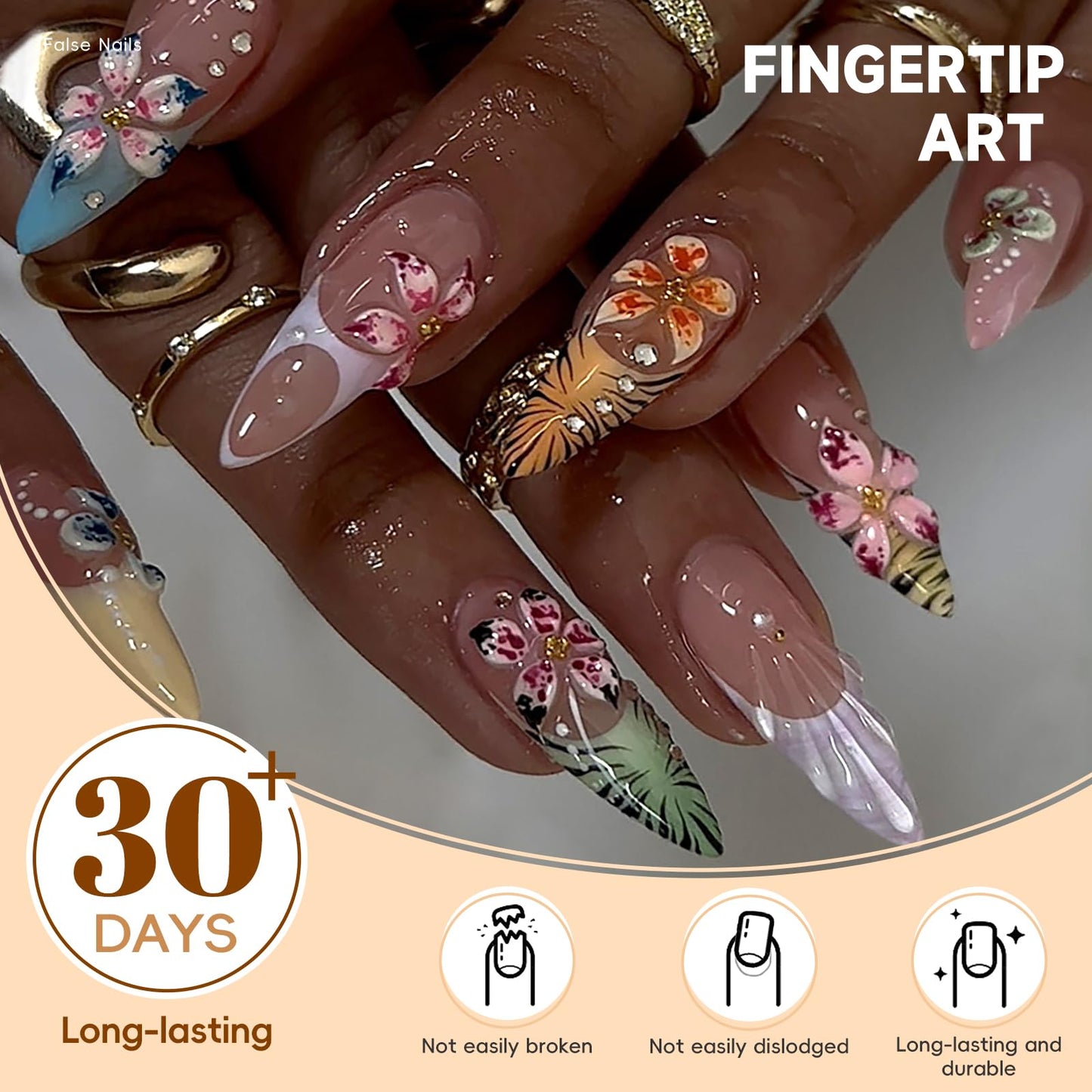 HOSAILY 3D Coloful Flower Press on Nails Medium Almond, Tropical Floral Summer Beach Vacatin Holiday Press ons for Women, 24pcs Glossy Pretty Reusable Soft Gel Full Cover Stick on Fake Acrylic Nails