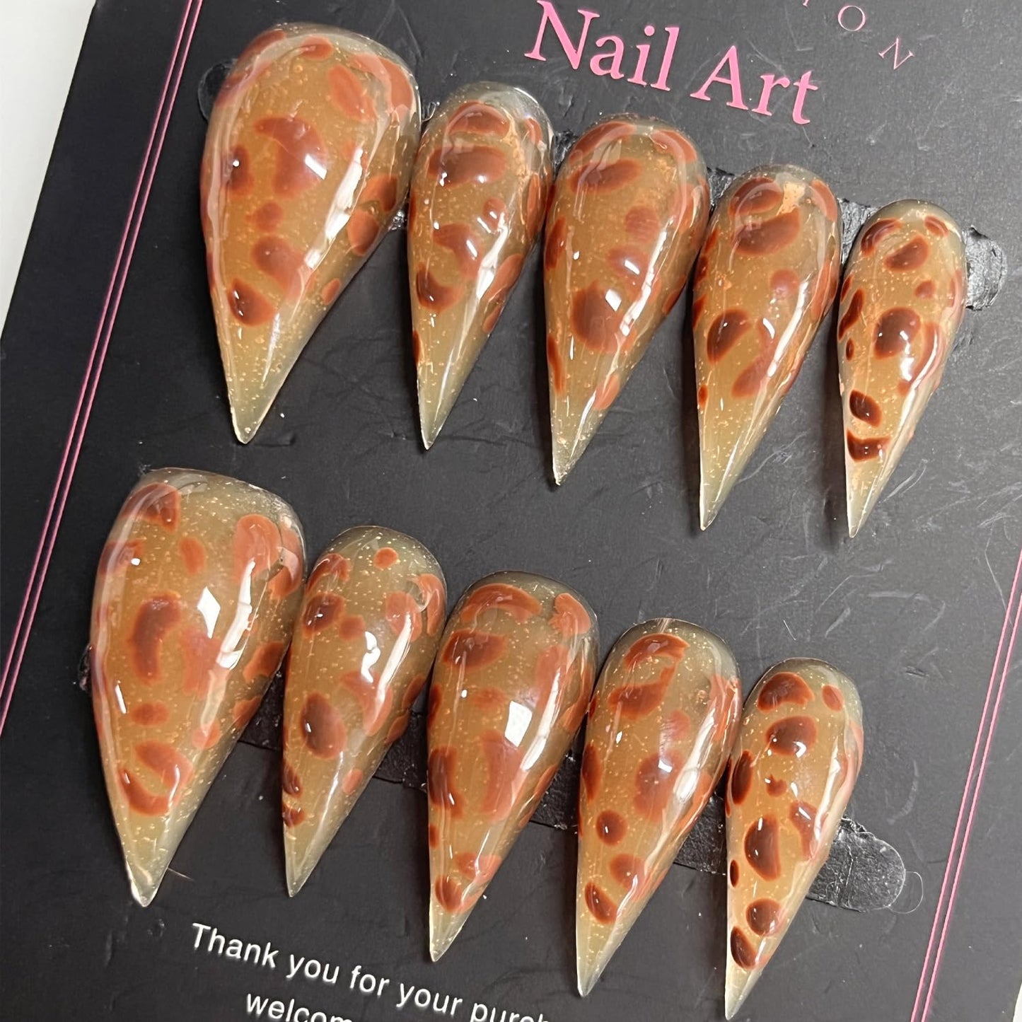 Handmade Press on Nails Medium Stiletto Brown Fake Nails Unique Eagle Claw Thick Acrylic Nails False Nails with Leopard Print Cat Claw Designs Fall Glossy Glue on Nail Curved Sturdy Nail Art 10Pcs(S)
