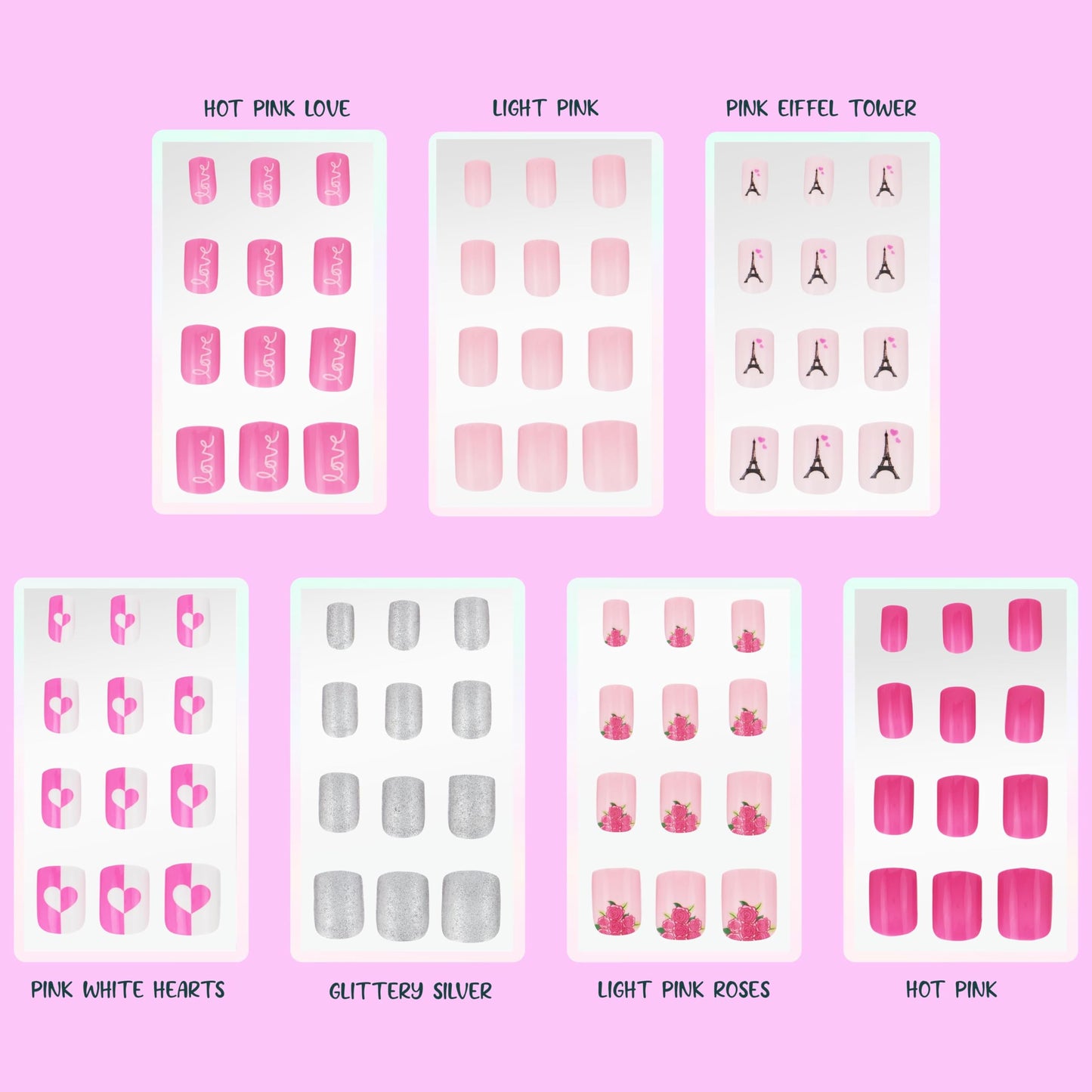 7 Day Manicure Collection - 84PC Press On Nail Set, Day-Of-The-Week Adhesive False Nails for Girls (PARIS LOVE Collection) – Colorful Novelty Designs Stick On Nails For Kids