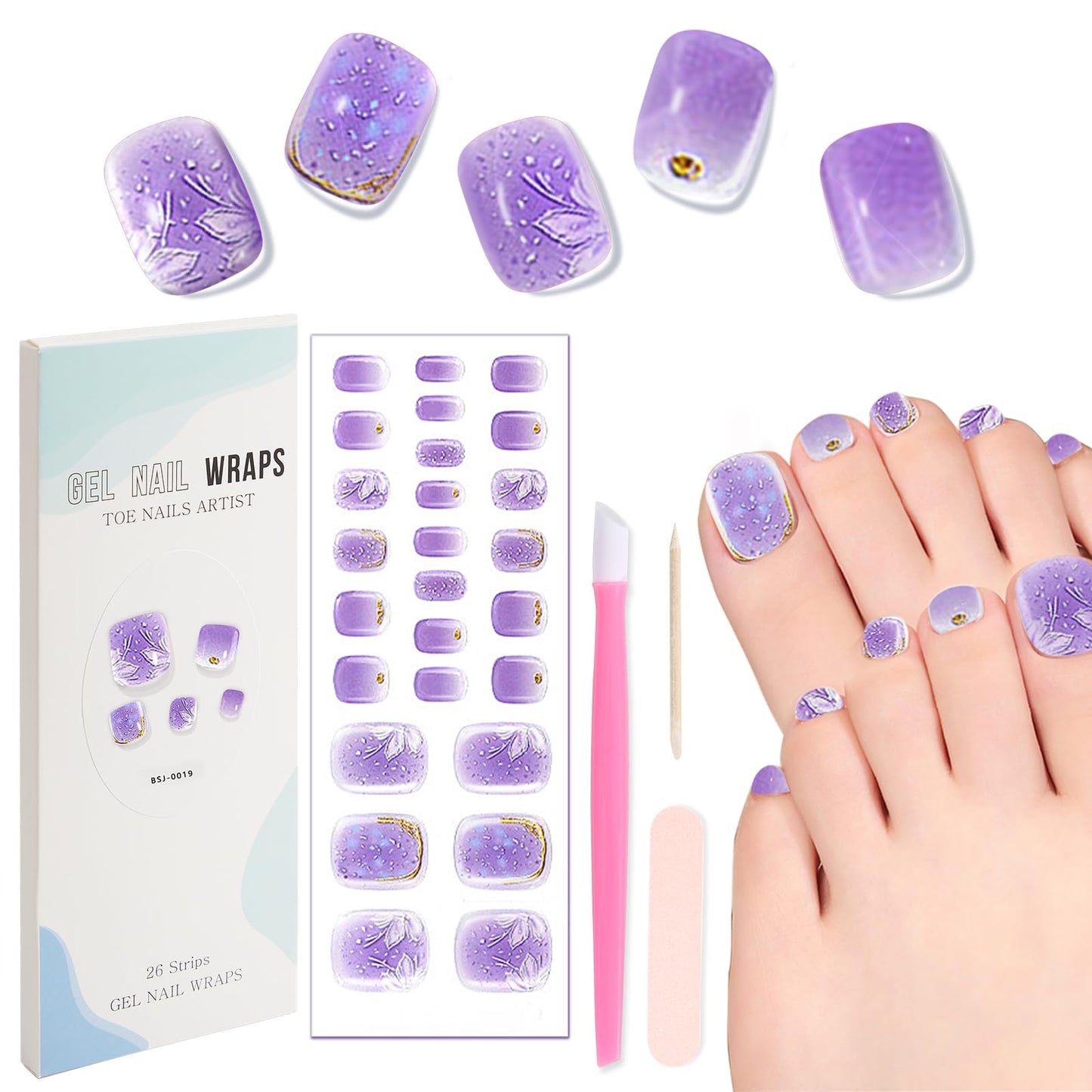 XEAOHESY 26pcs Semi Cured Gel Toe Nail Strips, Pedicure Nail Strips, Toe Nail Stickers, Needs to Be Cured, Come With Nail File, Wood Cuticle Stick, Plastic Press Stick（Purple+Flower）