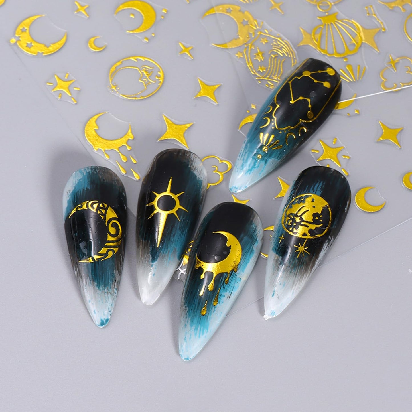 8 Sheets Gold Plastic Nail Art Stickers Decals, Star Moon Sun Designs, 3D Self-Adhesive Eyes Snake Nail Stickers for Women Girls DIY Manicure Decorations
