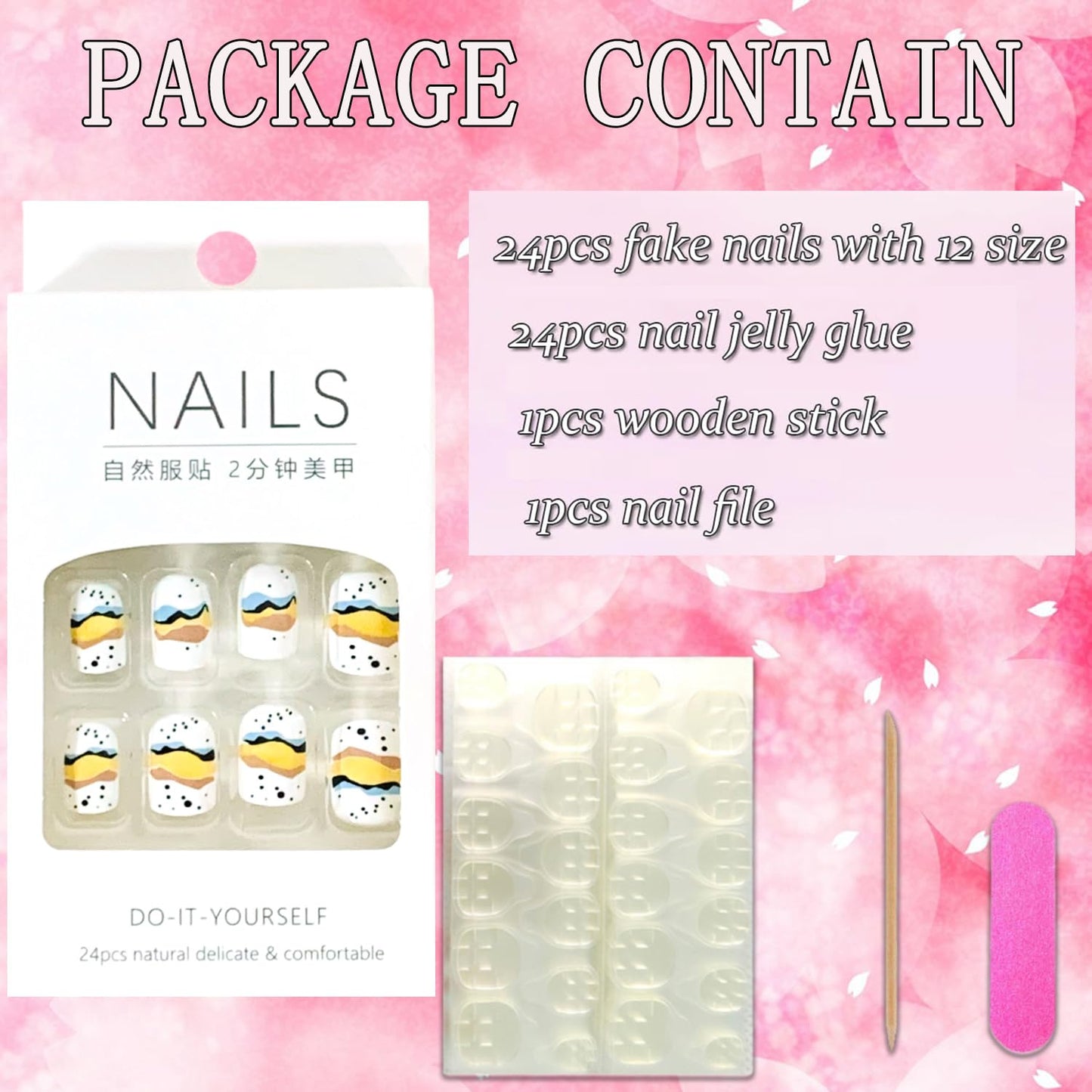 Vezocim Press on Nails Short Square-24Pcs Glossy Full Cover Acrylic Square False Nails with Line Designs Artificial Extra Short Square Fake Nails with Glue Stick on Fingernails for Women Girls