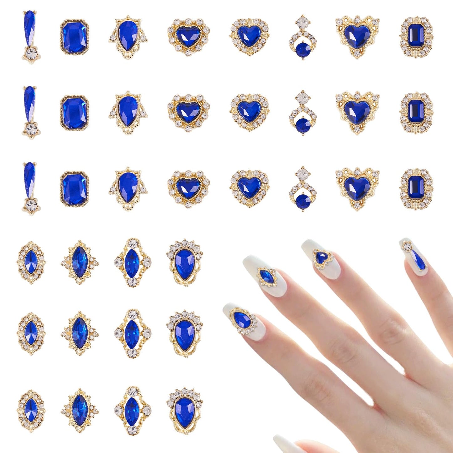 Craftdady 48Pcs Luxury Alloy Nail Rhinestone for DIY Nail Art Work Design Derocation Craft Jewelry Making Blue Theme Horse Eye Heart Teardrop Flat Round Nails Diamond Glass Crystal Charms