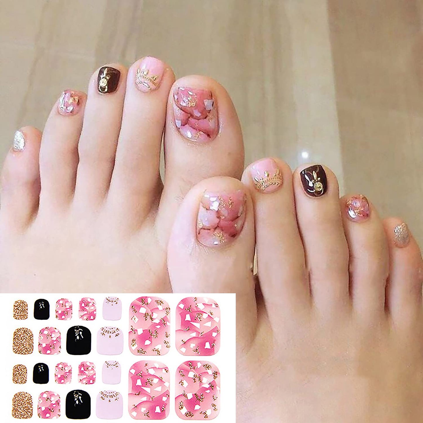 YECIRALA 20 Sheets 440 Pcs Self Adhesive Toe Nail Polish Stickers Full Nail Wraps for Women Girls Glitter Gradient Toenails Stickers Gel Nail Strips Nail Polish Stickers for Toes Nails Stick On Nails
