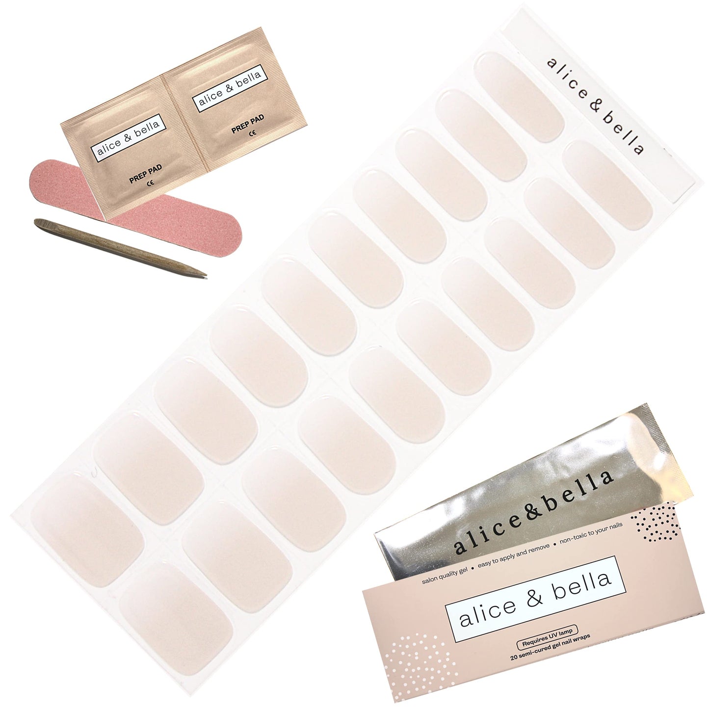 ALICE & BELLA Semi Cured Gel Nail Strips-20 PCS Pure Milky White Nail Strengthening Gel Stickers, Use with UV Light Lamp, Salon Quality Manicure Wraps (Milky White)