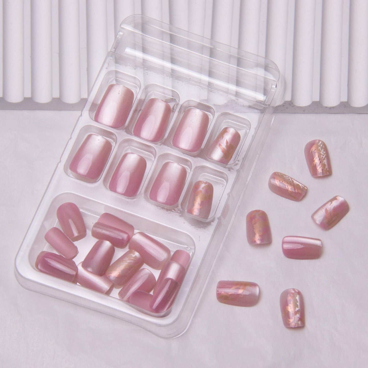 Square Press on Nails Short Cat Eye Fake Nails Gold Foil Acrylic Nails Pink Ombre False Nails Glossy Marble Artificial Nails Shiny Glue on Nails for Women Girls Manicure Art Decoration