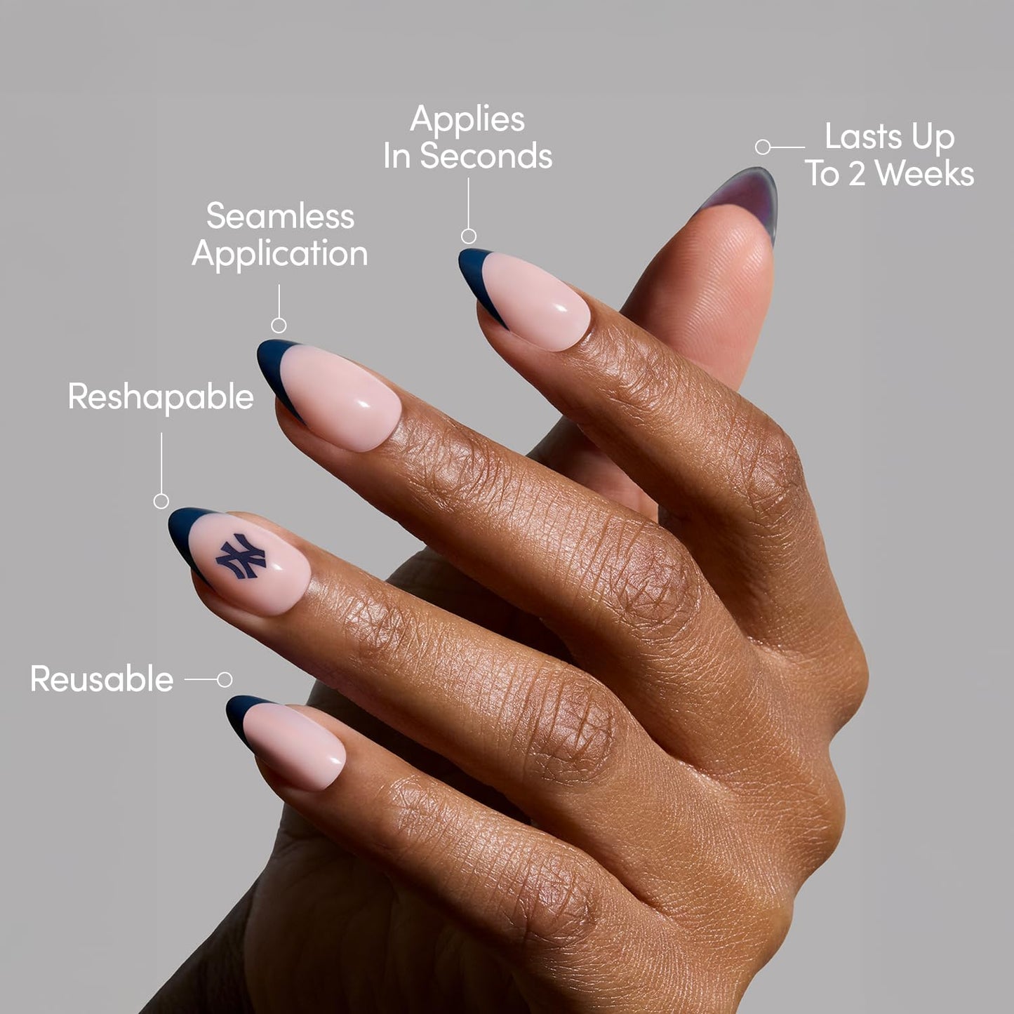 Glamnetic x Fanatics Press On Nails - New York Yankees | Short Almond Fake Nails, MLB Yankees Navy French Tips, Baseball Nails, Salon-Quality | 15 Sizes - 30 Nail Kit with Glue