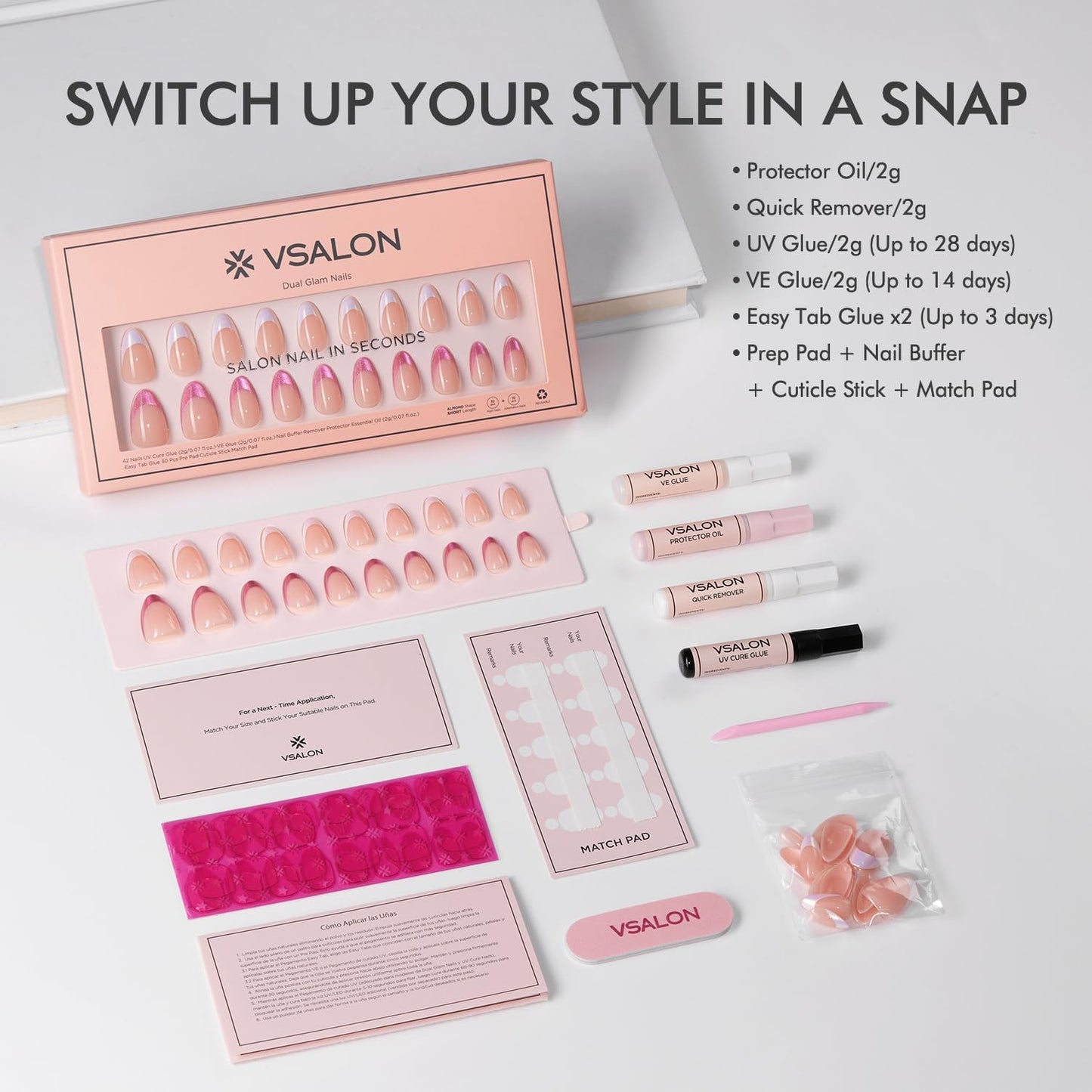 VSALON Almond Short Press on Nails, Hot Pink & White Chrome Finish Glossy French Tip Reusable Light Curable False Nails, 42 pcs Opaque Fake Nails Kit in 16 Sizes with Glue & Cuticle Oil