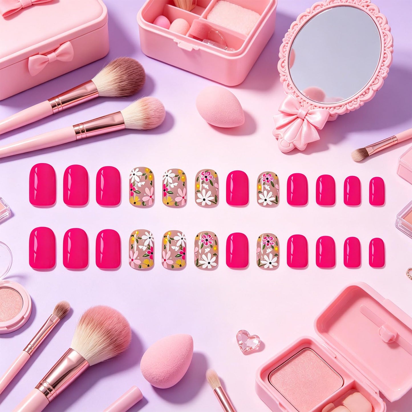 Flower Press on Nails with Summer Design Short Square False Nails Glossy Hot Pink Fake Nail Floral Full Cover Stick on Nail for Women Daily Party Wear Green Leaf Glue on Artificial Fingernails