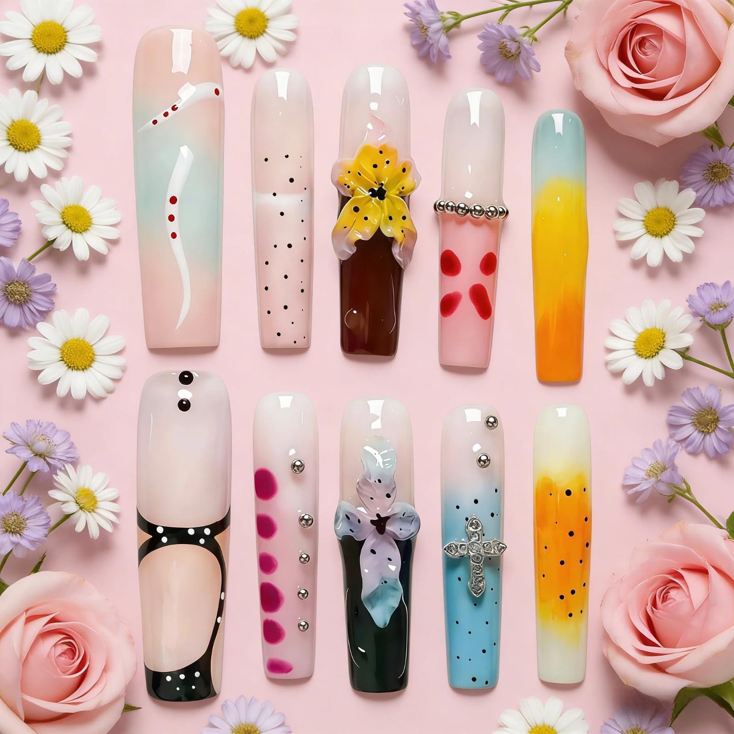 Tesytto Long Square Press on Nails - Luxury Handmade French Tips Press on Nail with 3D Flowers & Rhinestones Cross Design，Multi-Layer Gel False Nails for Women (Ice Crystal Water Lily,S)