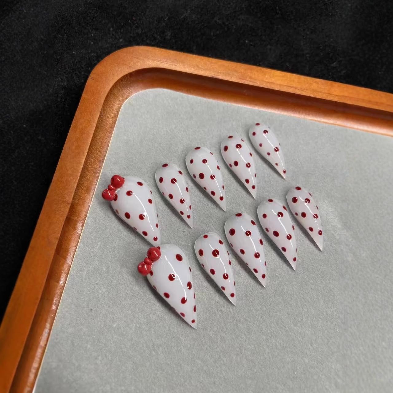 Handmade Press on Nails Red Polka Dot & Bow Fake Nail Designs Eagle Claw Press on Nails Unique Stiletto Thicked Acrylic Nails Cat Dragon Claw False Nails Luxury Stick on Manicuare Art for Women (M)
