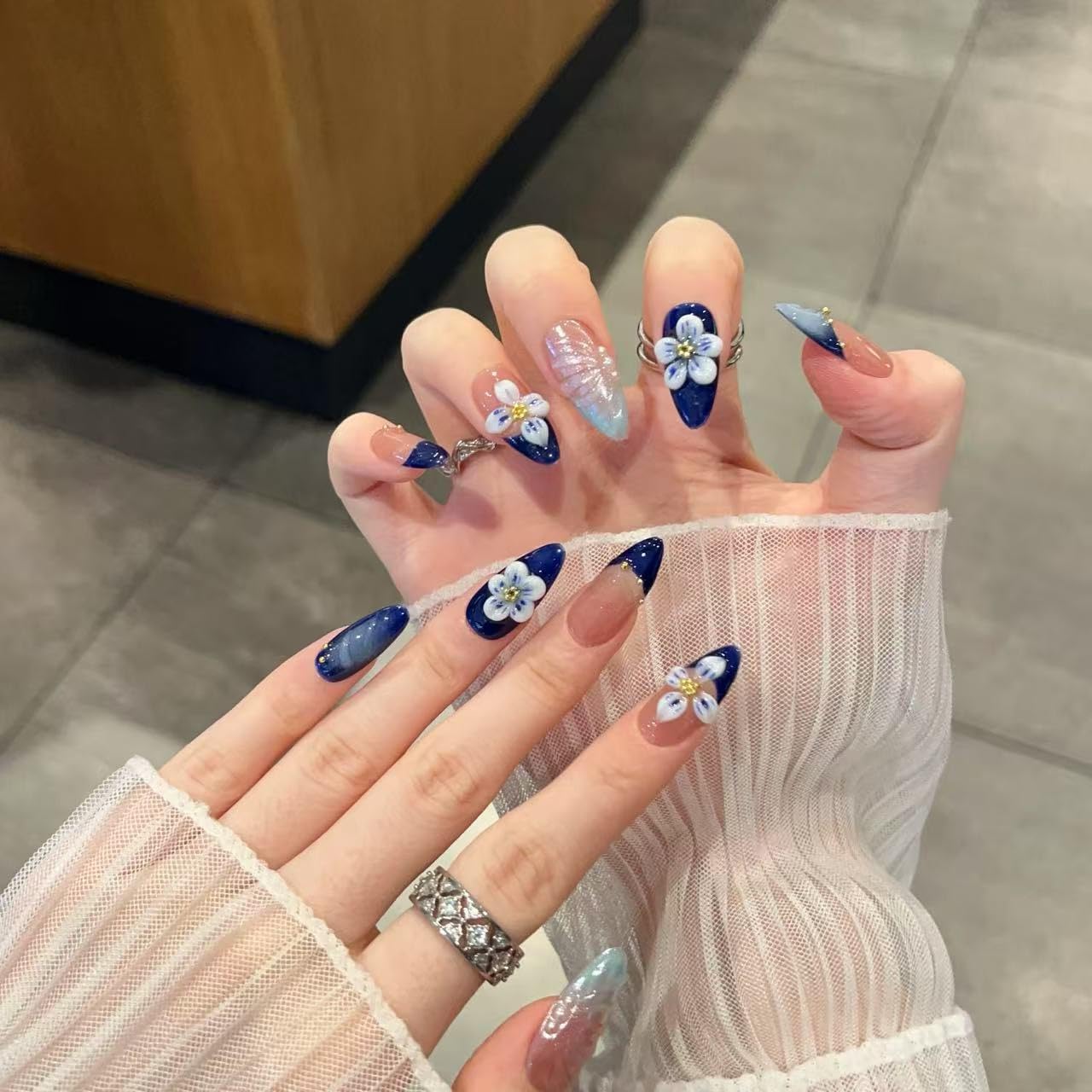 Handmade Press-On Nails – Medium Almond Thick Acrylic Gel Nails, Reusable 3D Flower False Nails, Gradient Blue French Tip Manicure – Salon-Quality DIY Nail Art(10PCS-M)