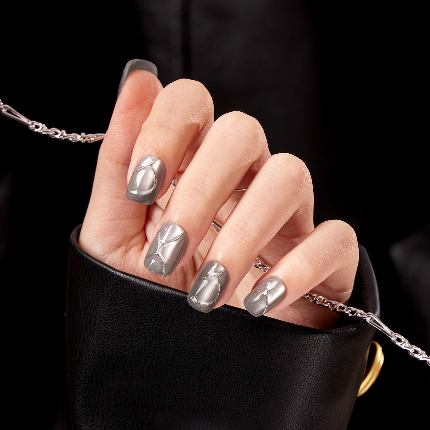 VSALON Square Short Press on Nails, Silver Gray 3D Urban Punk Style Cat Eye Glossy Glue on Nails, Reusable Opaque Gel Fake Nails, 32 pcs in 16 Sizes with Glue & Cuticle Oil False Nails Kit