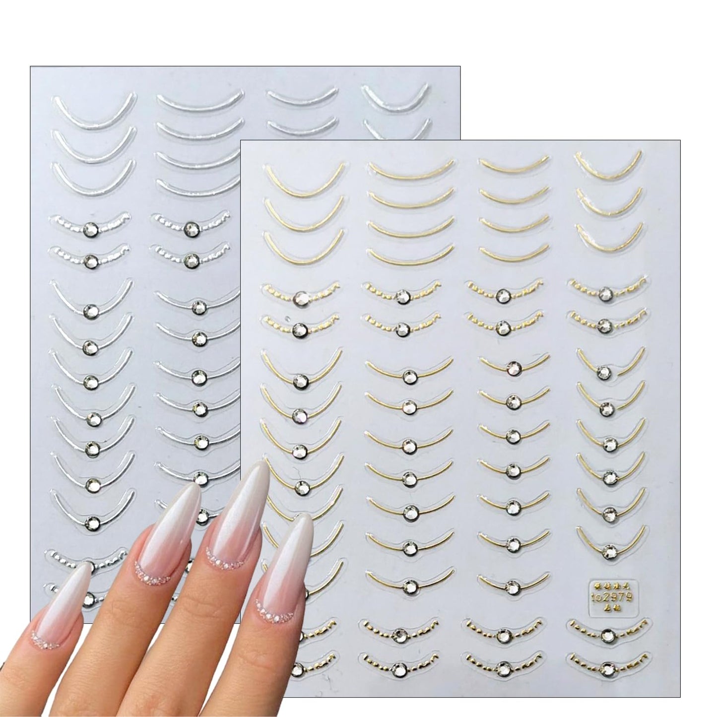 2 Sheets French Tips Nail Art Stickers - 5D Holographic French Simple Gold Silver Line Nail Stickers with Crystal Diamond Design Nail Decals for Women Manicure Decorations
