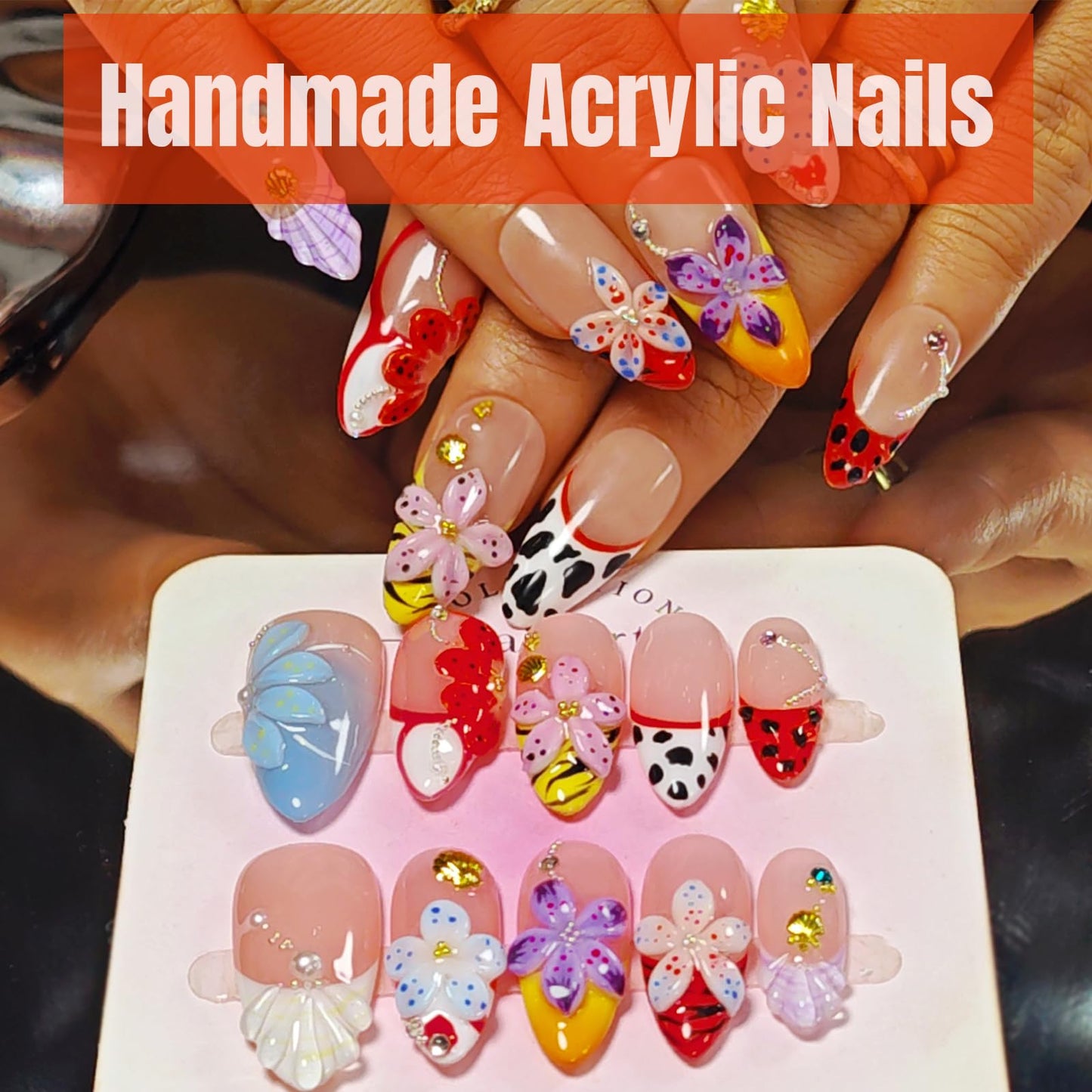 Handmade Acrylic Press On Nails Almond, 3D Press On Nails Medium, Flower 3D Red Nails French Tip Preal Shell Leopard For Women Gift, Reusable Stick On Fake Nails Kit With Nail Glue(Lush Garden-L)