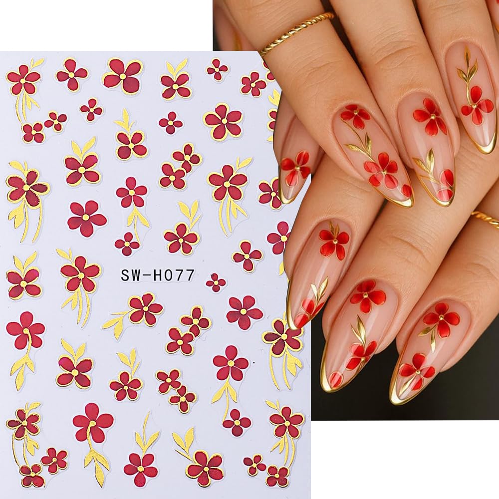 Red Flower Nail Art Sticker Decal 6Pcs 3D Elegant Self-Adhesive Nail Stickers Golden Trim Nail Decal Red Floral Nail Supply Spring Summer Flower Nails Design for Women Manicure DIY Decoration