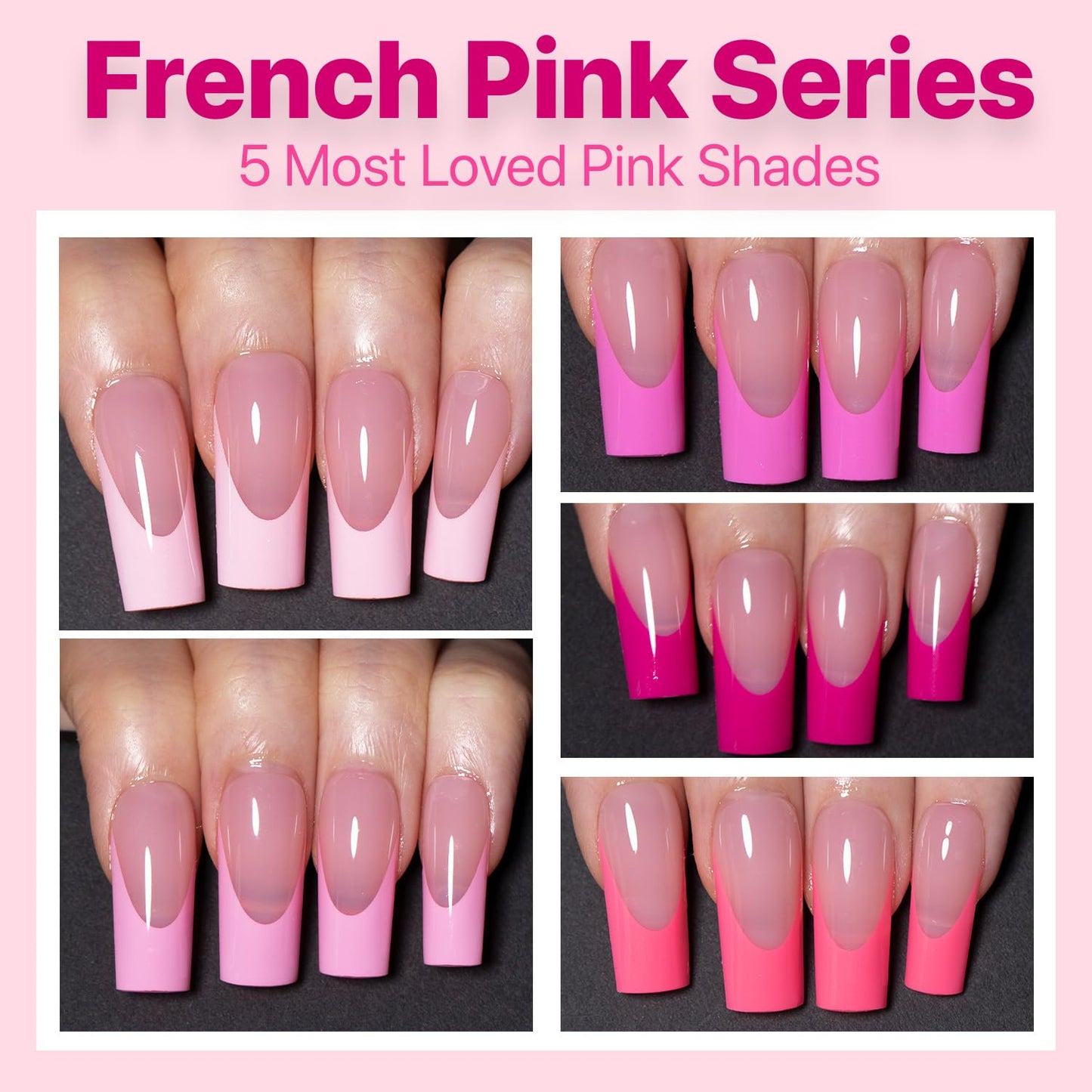 SXC Cosmetics French Tip Press On Nails – 5 Pink Series, Medium Square, X-Pro Tips Starter Kit | 150PCS, 15 Sizes, 5 Styles, Beginner-Friendly