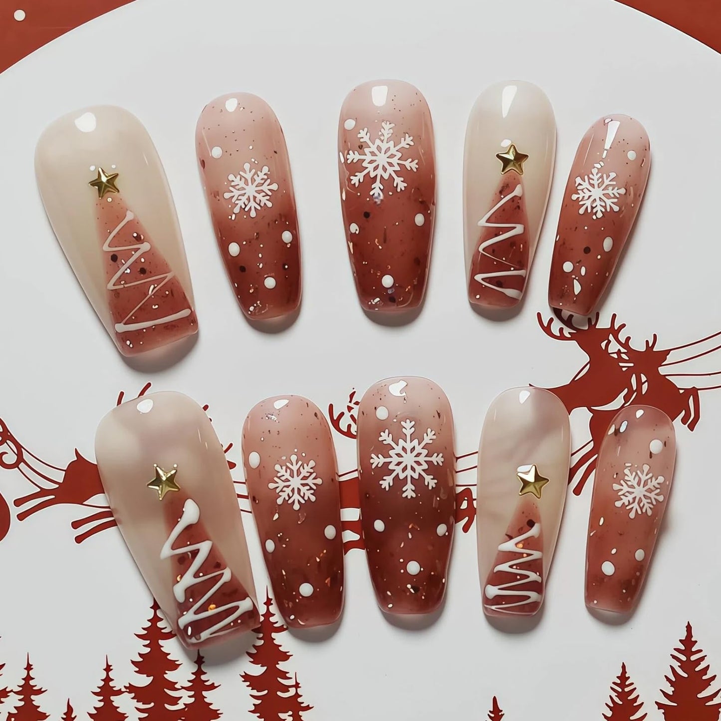 Tesytto Handmade Pink Gradient Press on Nails Short Coffin - Luxury Glossy Glitter Fake Nails with Pearl Star Designs, Reusable Sweet Short Nails for Women (Festive Dream,M)