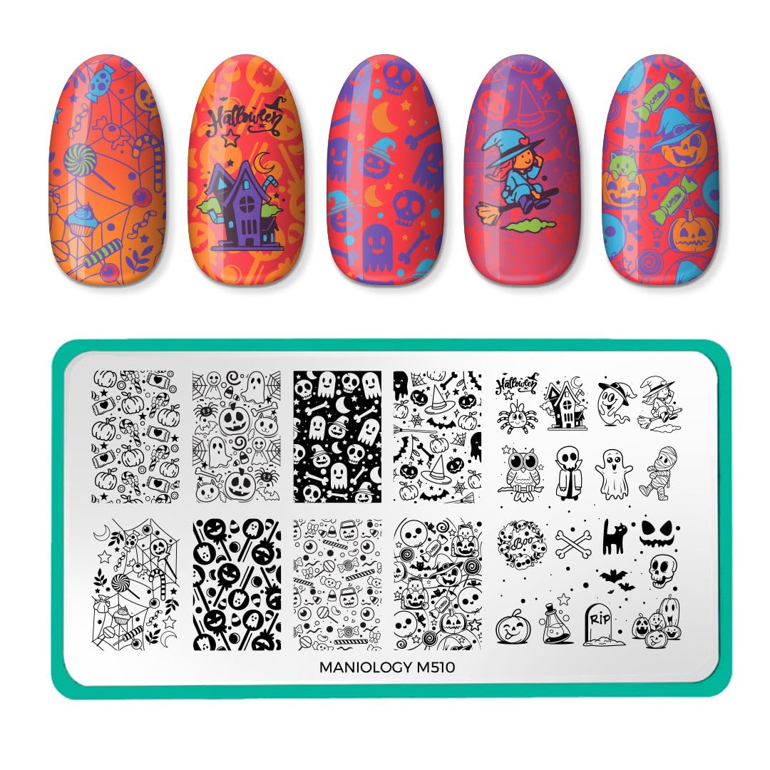 Maniology Trick or Treat Nail Stamping Starter Kit | Spooky, Cute & Classic Halloween Nail Art Designs – Includes Stamping Plate, Polish, Top Coat, Stamper & Scraper Card for Fun DIY Manicures