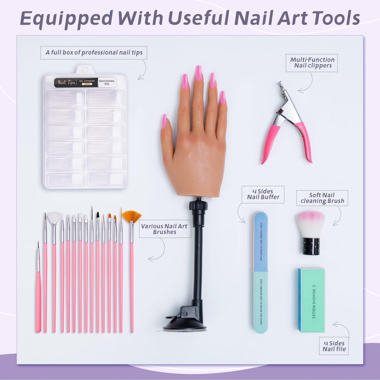Veikmv Practice Hand for Acrylic Nails,Realistic Silicone Mannequin Hand with Flexible Fingers for Acrylic Nails, Gel Polish Training, Complete Nail Art Beginner Set with Brush & File