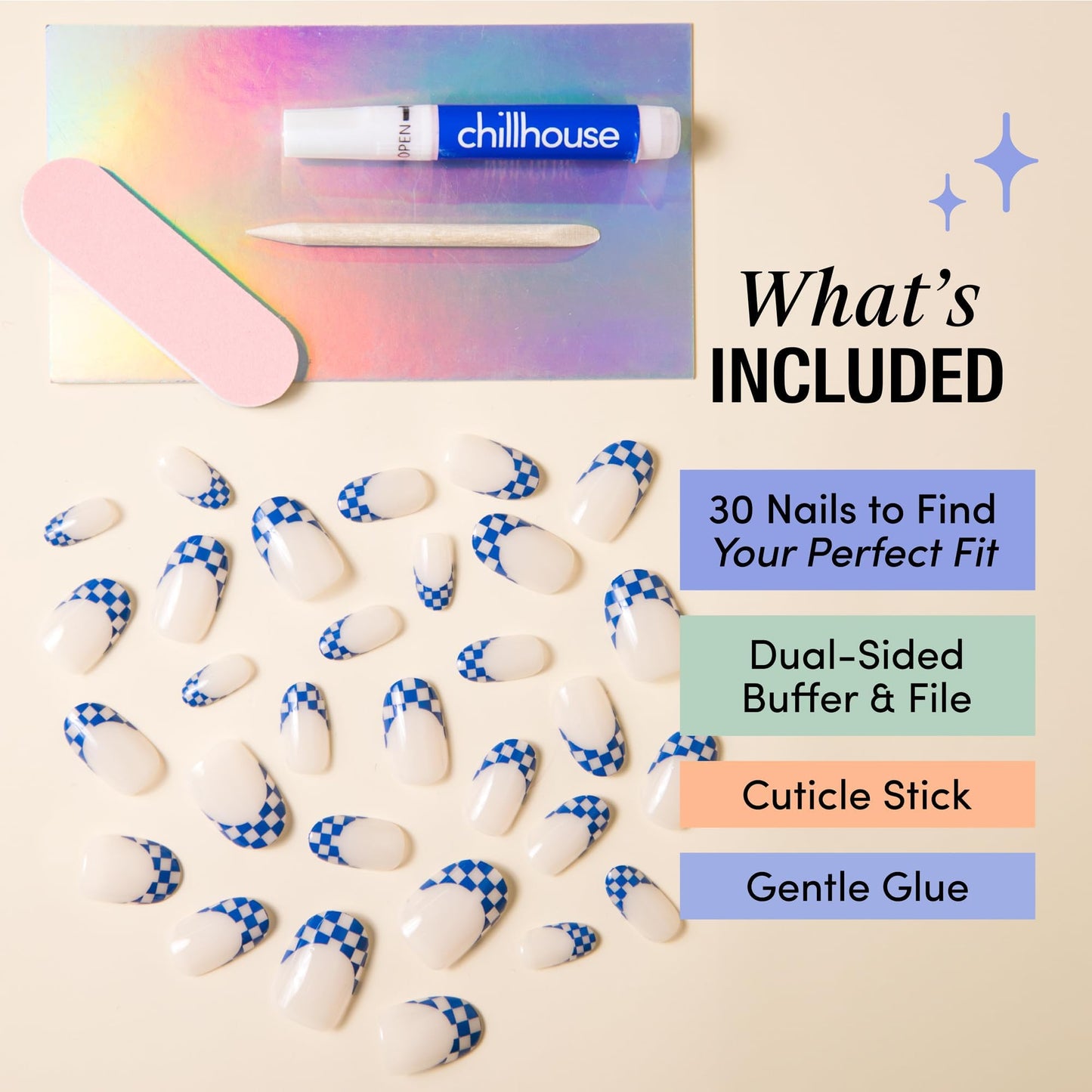 Chillhouse - Chill Tips, Press on Nails Kit - Checked Out 2.0 (Oval) - 24 Nail Shapes & Sizes - Up to 2 Weeks of Wear - Customizable Fit - Reusable - Latina Founded & Women Owned - Beauty & Self Care