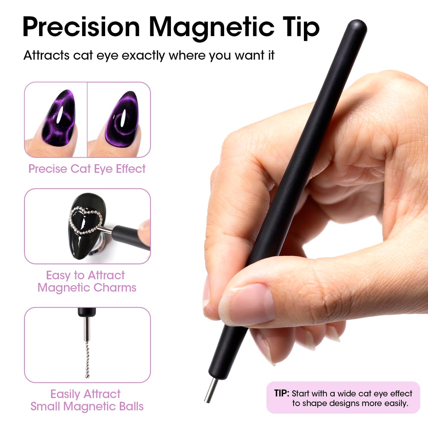 Gellen Cat Eye Magnet for Nails, Strong Magnetic Nail Magnet Set with Double Ended Magnet Pen, 8mm 10mm Ball Magnets, French Tip Cat Eye Guide Plate, Bunny & Heart Design Plates for Gel Nail Polish