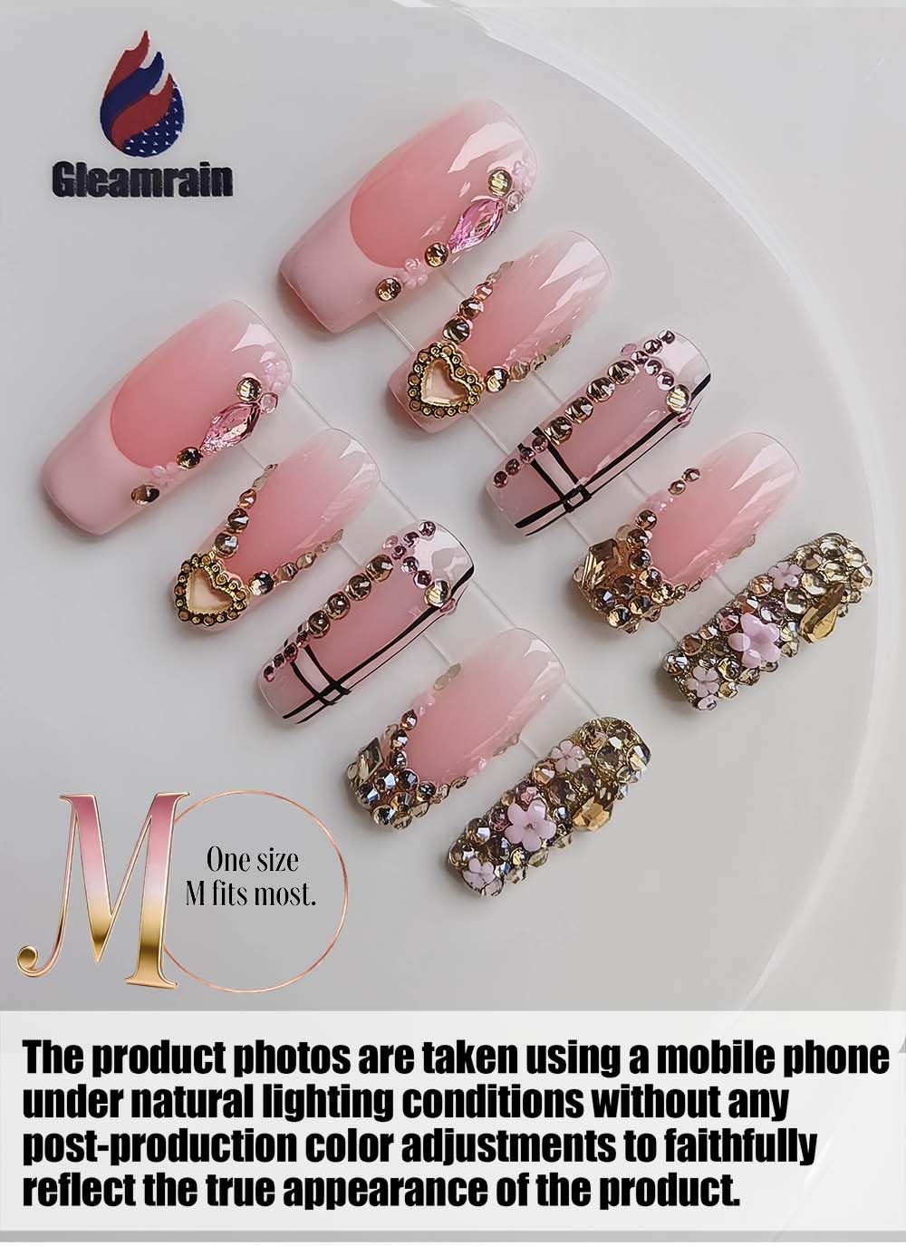 Gleamrain 10pcs Handmade Long Press-on Nails Coffin Shape (M Size) with 3D Flower Designs Pink Fake Homemade Presson Nails for Women Suitable for Summer Vacation, Beach Proms, Parties Wear, D106