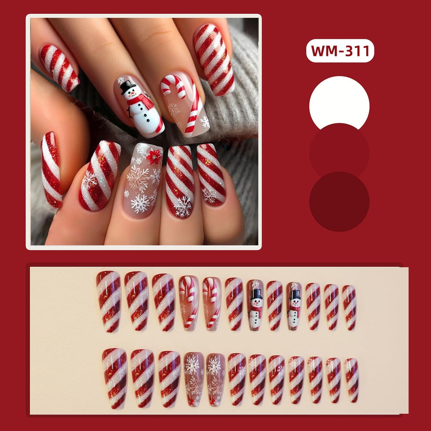 Christmas Press on Nails Medium Fake Nail Full Cover Snowman False Nails with Stripe Designs Glue on Nail Snowflake Xmas Acrylic Nails Crutch Winter Stick on Nails for Women Holiday Manicure 24Pcs