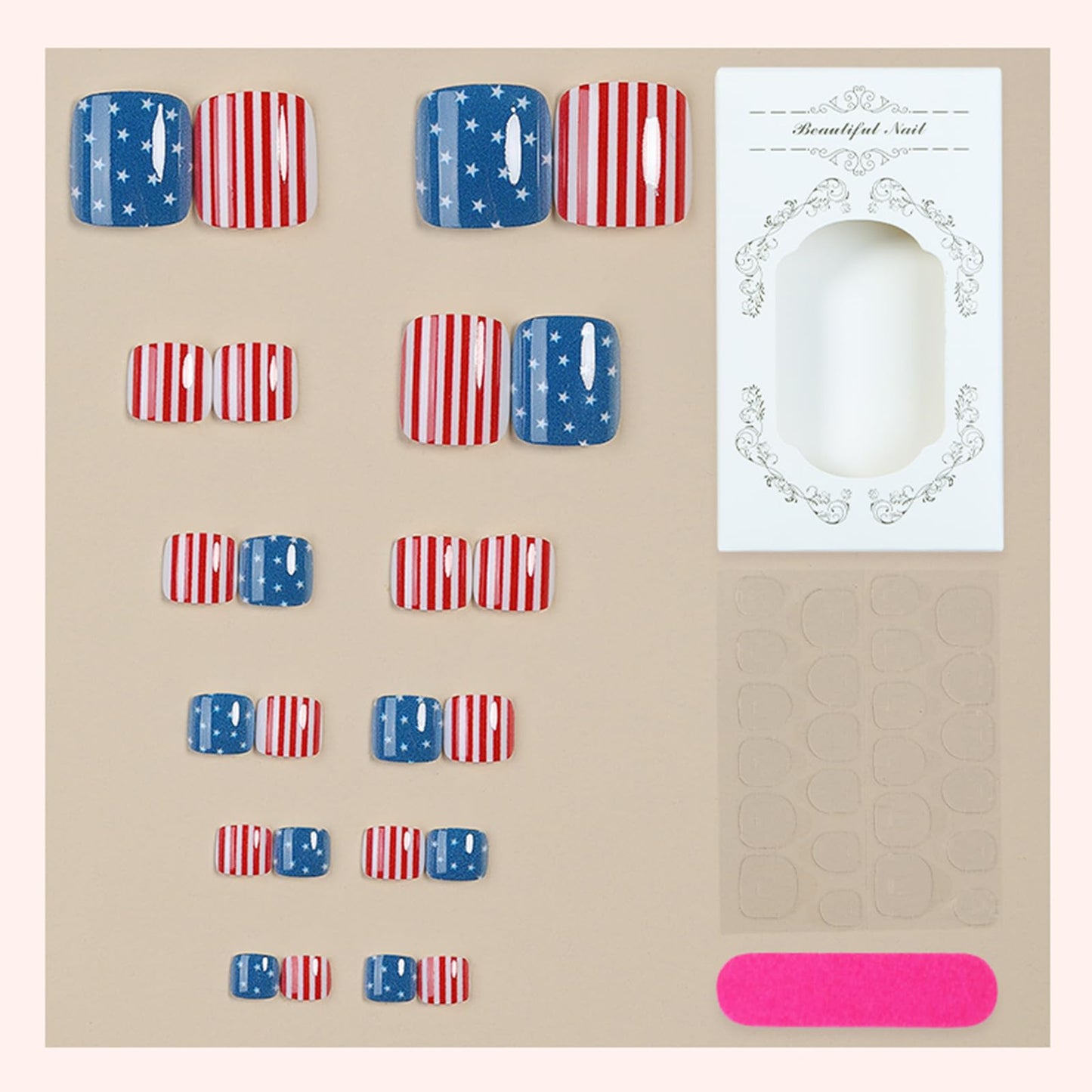 4th of July Press on Toenails Short Square Fake Toe Nails Independence Day False Toenails with Star Stripe Design Patriotic Toenail Press ons Glossy Acrylic Stick on Toes for Women 24Pcs