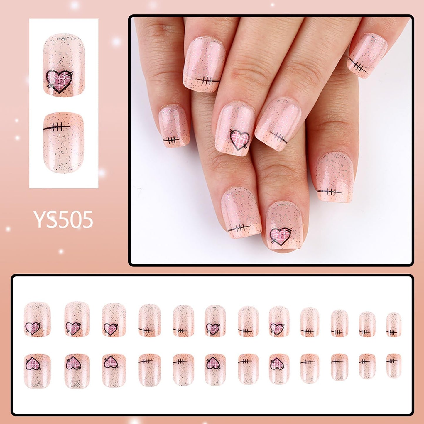 FIEONCIY Press on Nails Short Square Glossy Full Cover Acrylic Short Square False Nails with Heart Designs Artificial Square Fake Nails Glue ons Fingernails for Women Girls(YS505)
