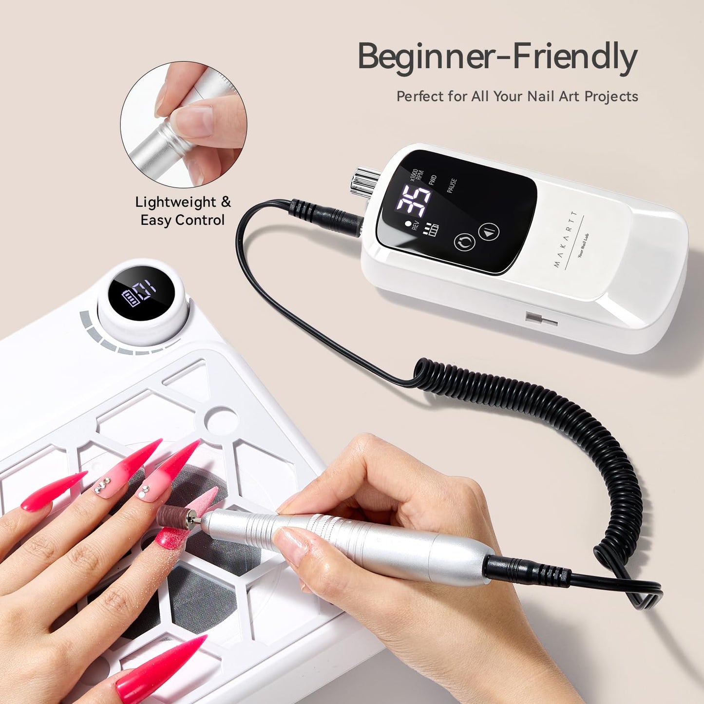 Makartt Rechargeable Electric Nail Drill: 35000 RPM Nail Drill File with Storage Stand for Acrylic Gel Polishing Removing LED Display,Cordless Efile with Bits Kit for Manicure Beginner Home (White)