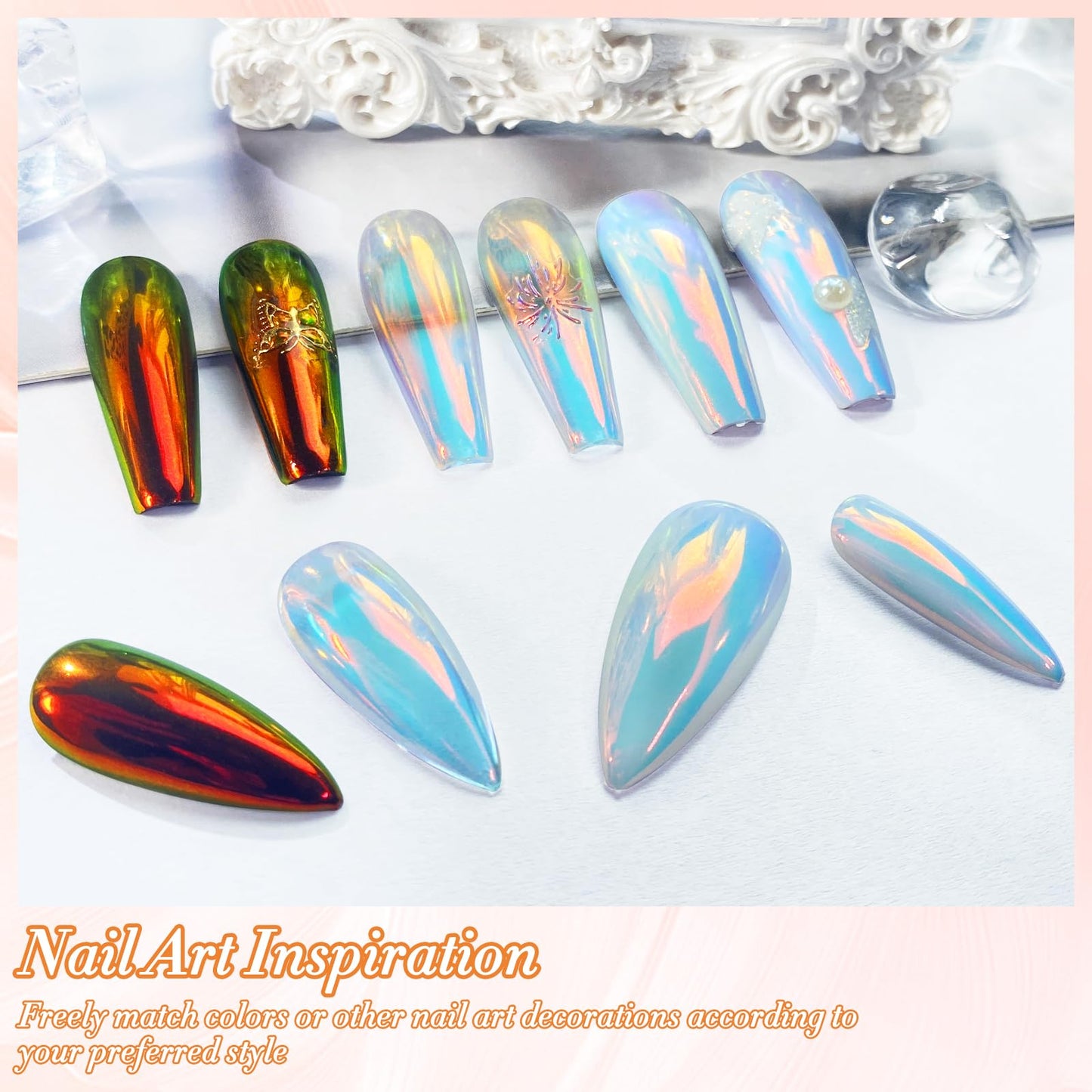 FNNZ Unicorn Chrome Nail Powder, Aurora Unichrome Mermaid Aurora Nail Powder Pigment Pearlescent Nail Art Glitter Decoration for Home DIY Nail Salon Manicure - Sunset Glow