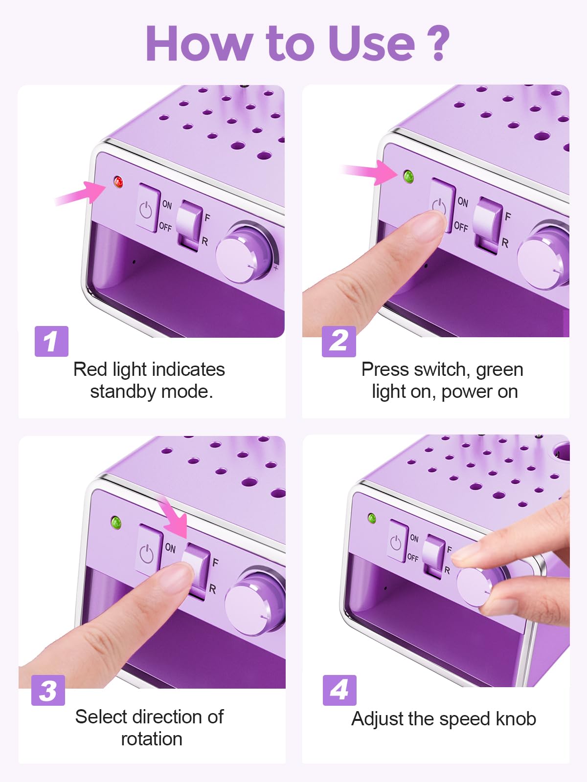 Subay Nail Drill Machine Electric File, Portable for Acrylic Gel Dip Powder Nails, Nail Drill Kit for Manicure Pedicure, Nail Set with Everything, Rose Pink (Purple)