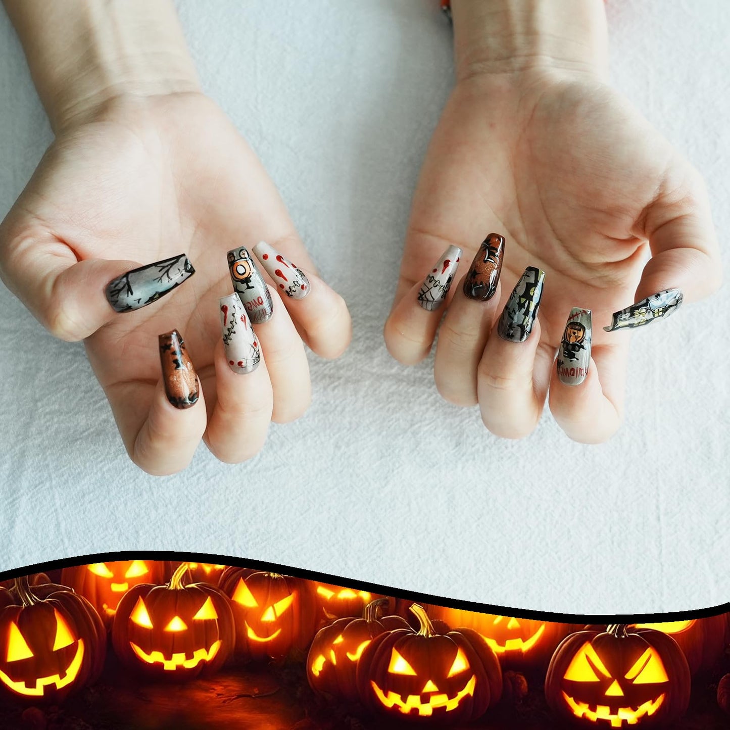 Tesytto Handmade Kawaii Press on Nails Long Coffin - 3D Cartoon Character Design, Luxury Hand-Painted Anime Style False Nails for Women (Halloween House Story,M)