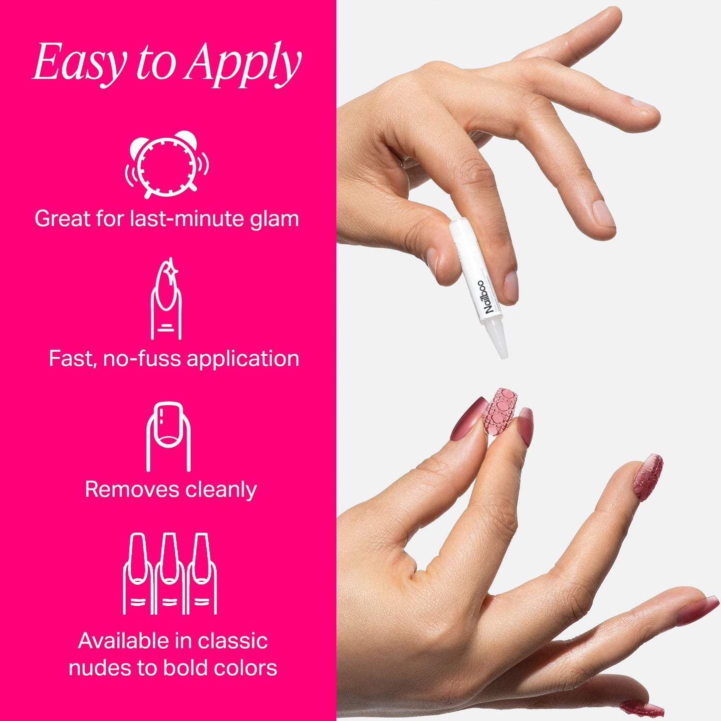 Nailboo Press On Nails, Salon-Quality Reusable Fake Nails for Fast DIY Manicure with Strong Hold Nail Glue for Press Ons, Nail File, & Alcohol Prep Pads, Here’s A Tip, Round