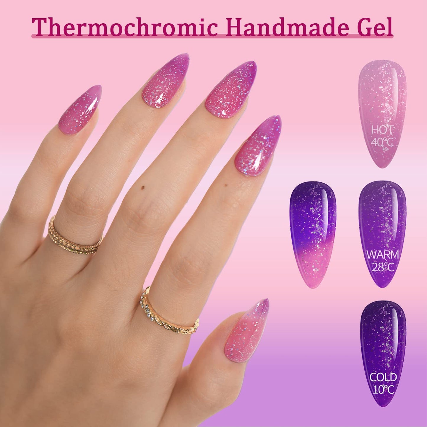 GLAMERMAID Thermo Purple Pink Press on Nails Medium Almond, Color Changing Ombre Handmade Gel False Nals, Stiletto Glue on Nails Kit for Women, Short Oval Stick on Acrylic Crush Fake Nail Manicure Set